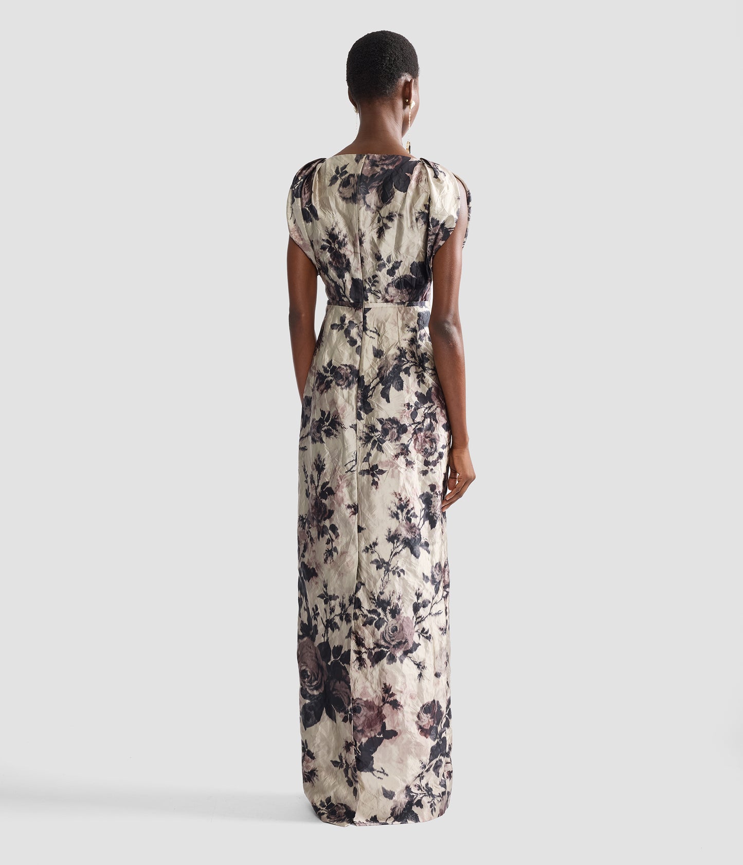 Floral Textured Satin Short Sleeve Gown