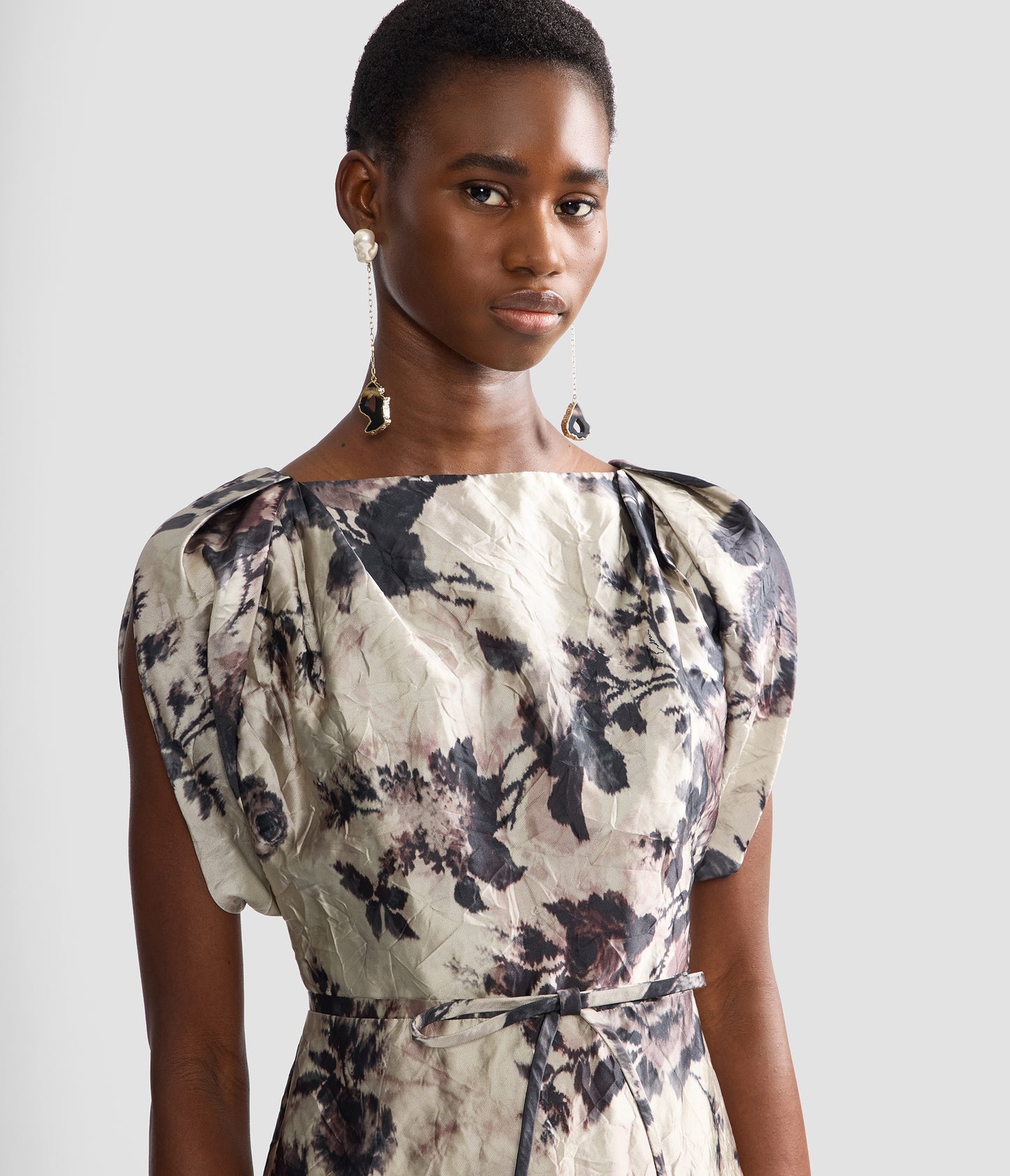 Floral Textured Satin Short Sleeve Gown