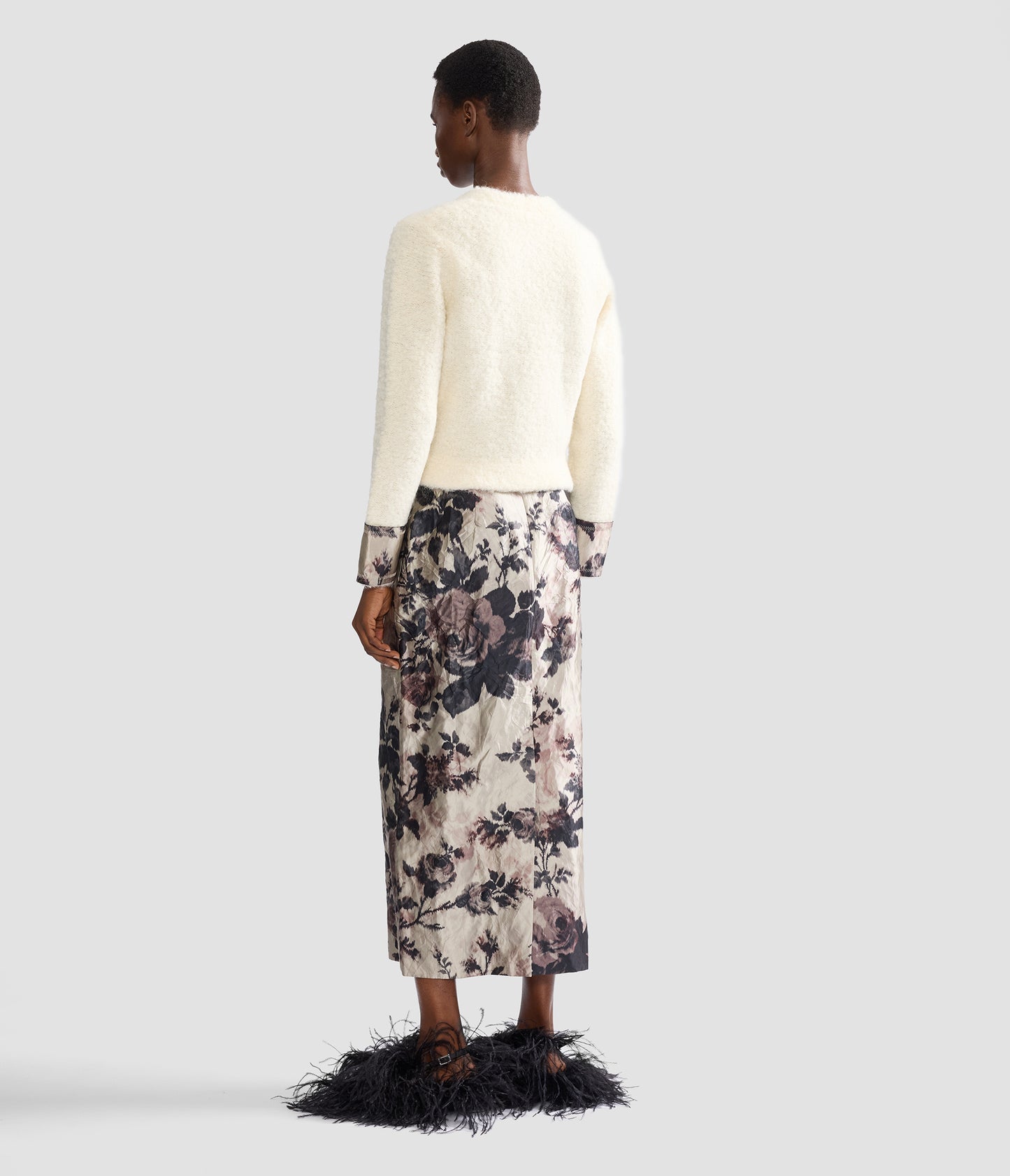 Floral Textured Satin Pencil Midi Skirt