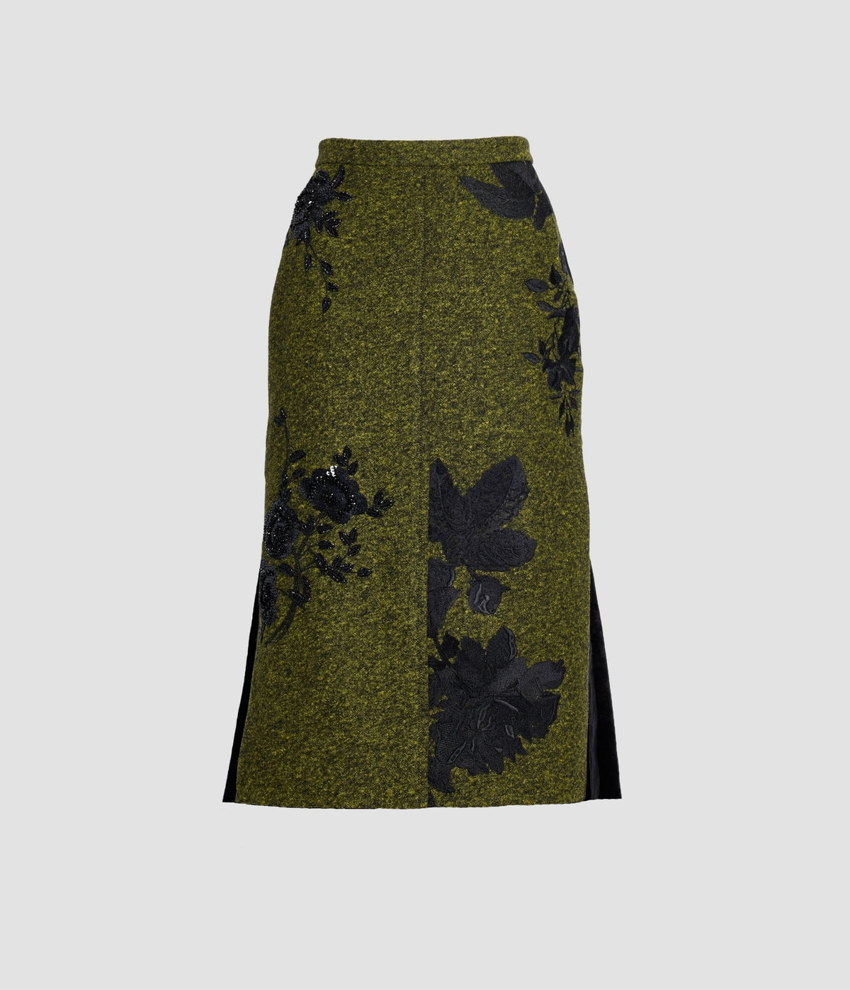 Floral Embroidered Wool Midi Skirt