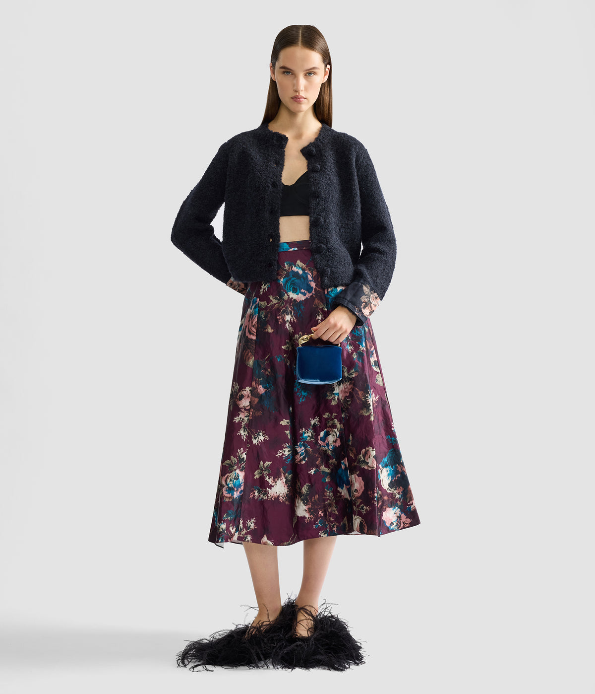 Floral Textured Satin A-Line Midi Skirt