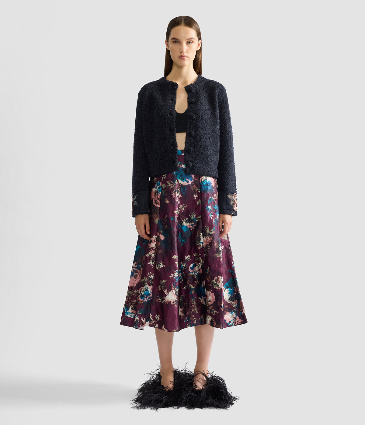 Floral Textured Satin A-Line Midi Skirt