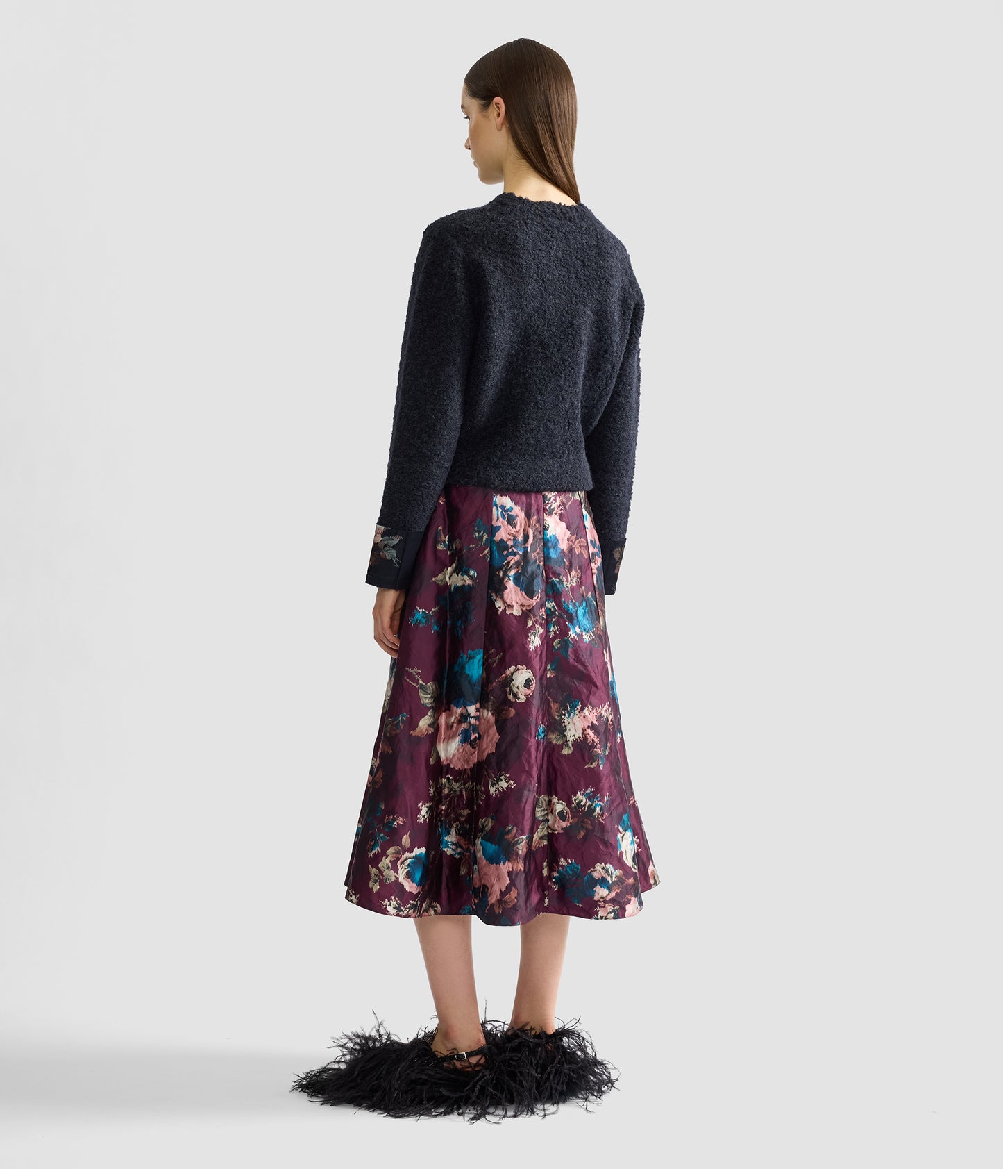 Floral Textured Satin A-Line Midi Skirt