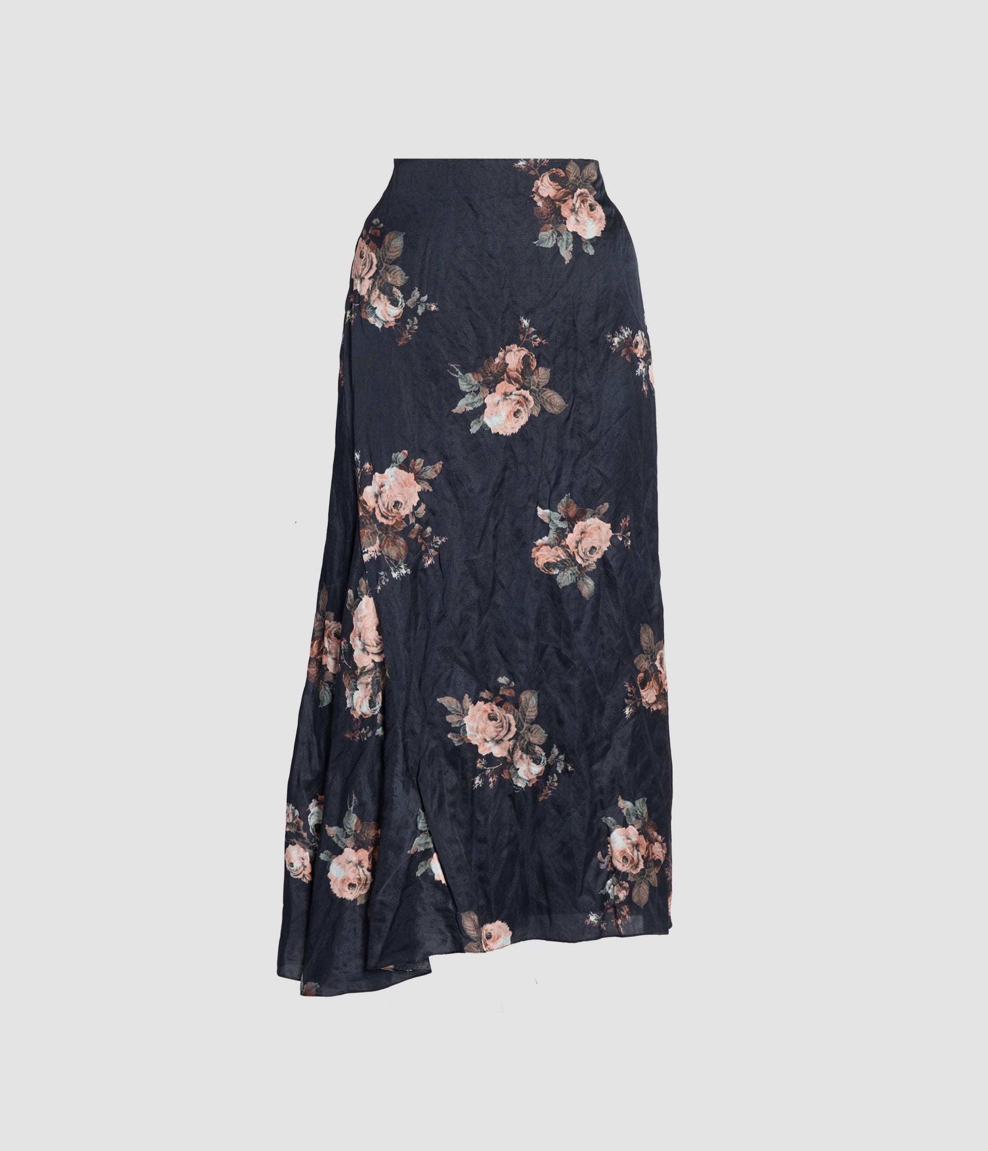 Floral Crushed Satin Draped Midi Skirt