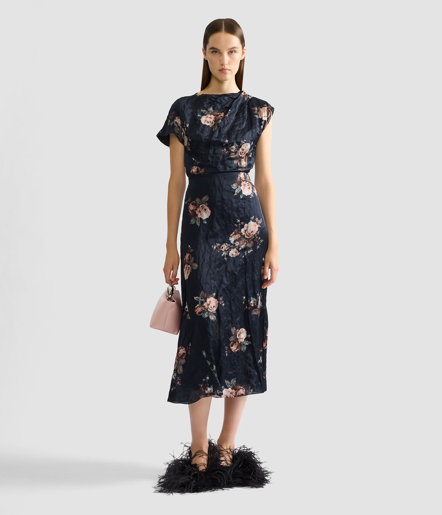 Floral Crushed Satin Draped Midi Skirt