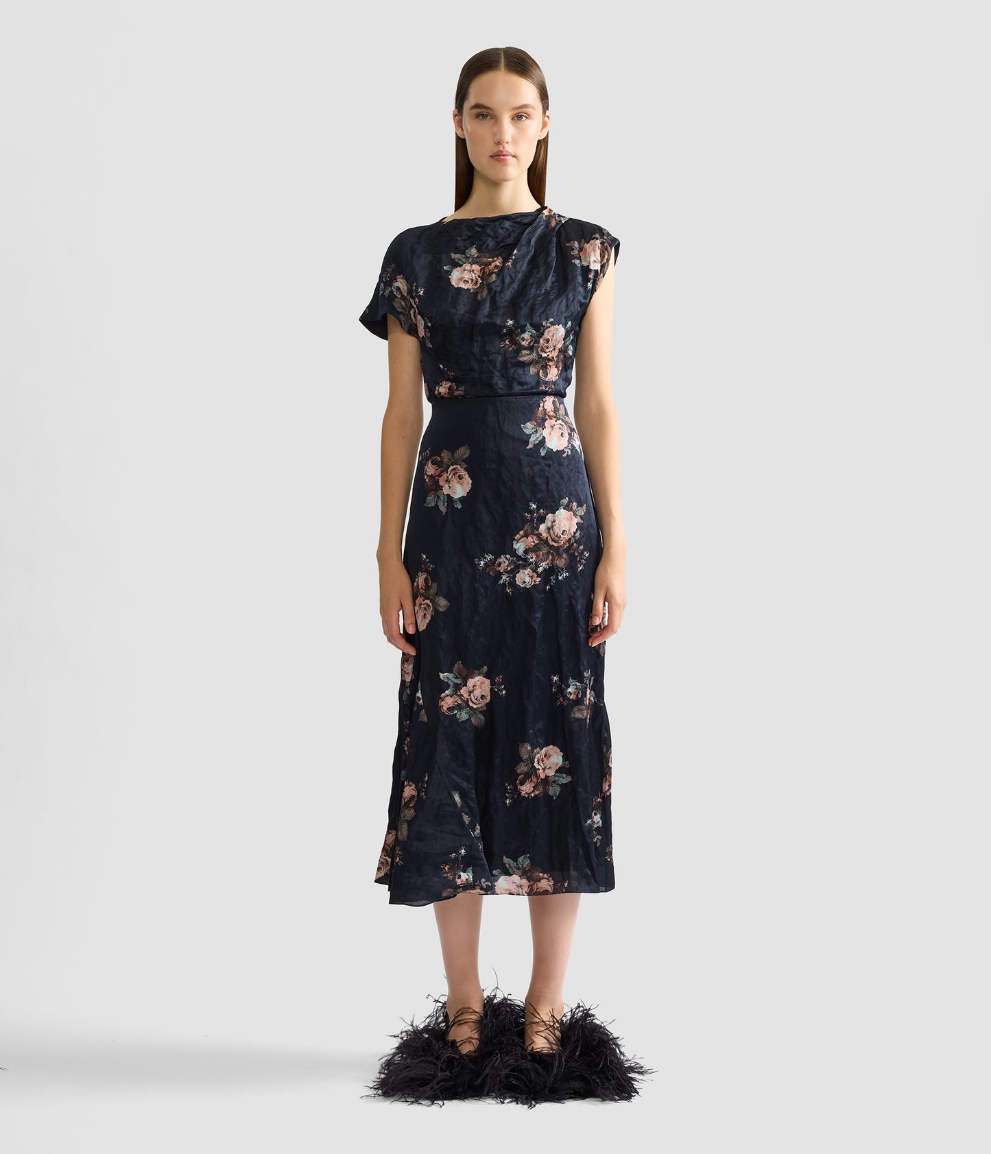 Floral Crushed Satin Draped Midi Skirt
