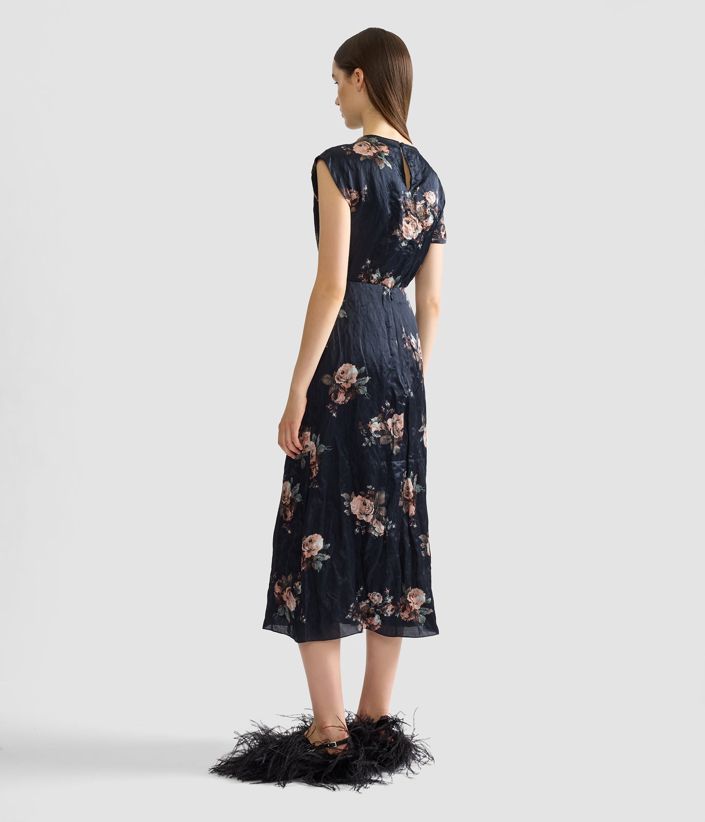 Floral Crushed Satin Draped Midi Skirt