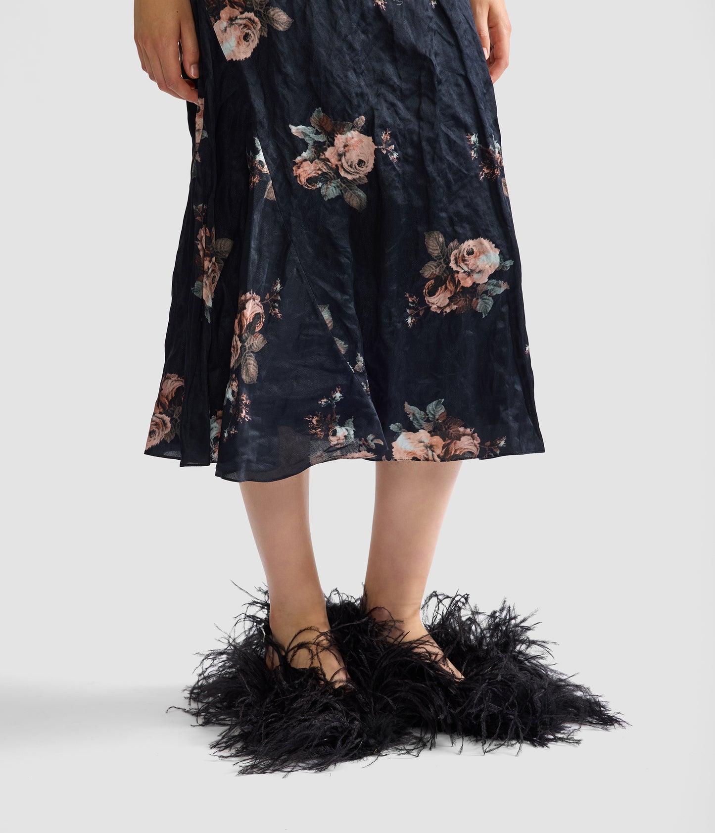 Floral Crushed Satin Draped Midi Skirt