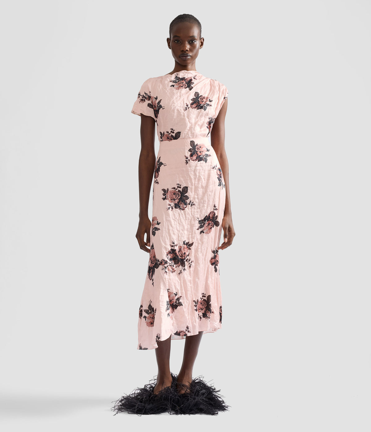 Floral Crushed Satin Draped Midi Skirt