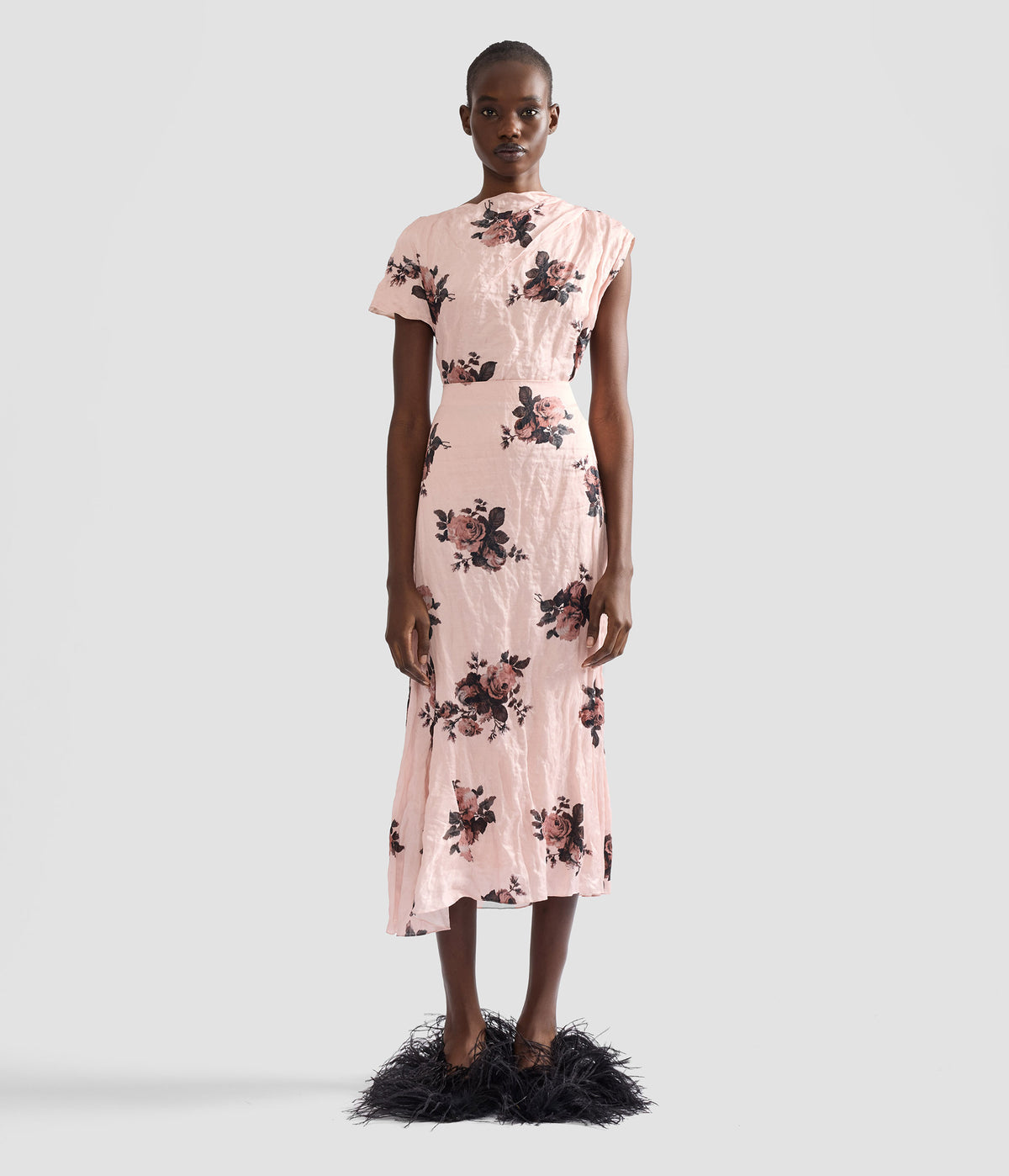 Floral Crushed Satin Draped Midi Skirt