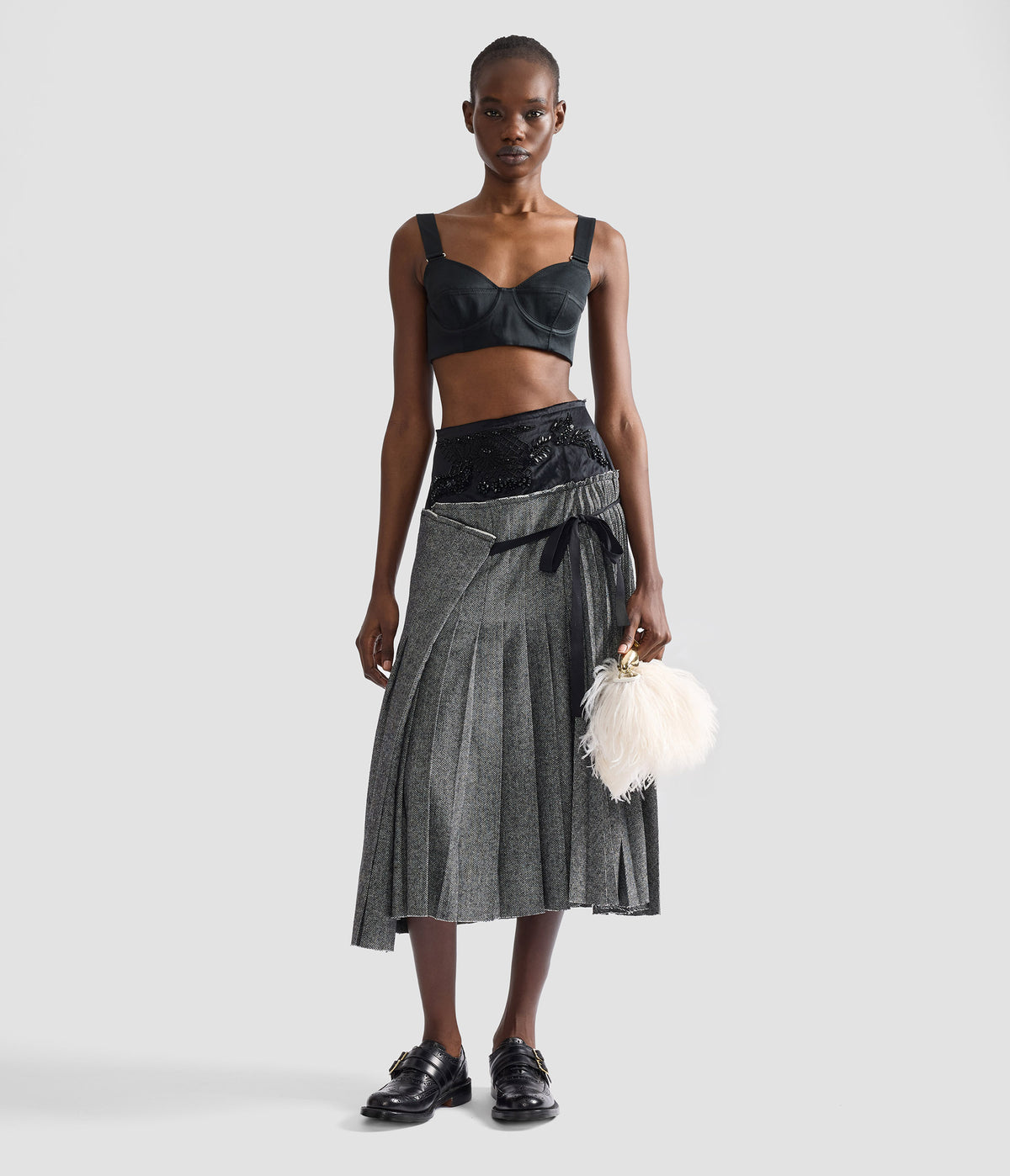 Herringbone A-Line Pleated Midi Skirt