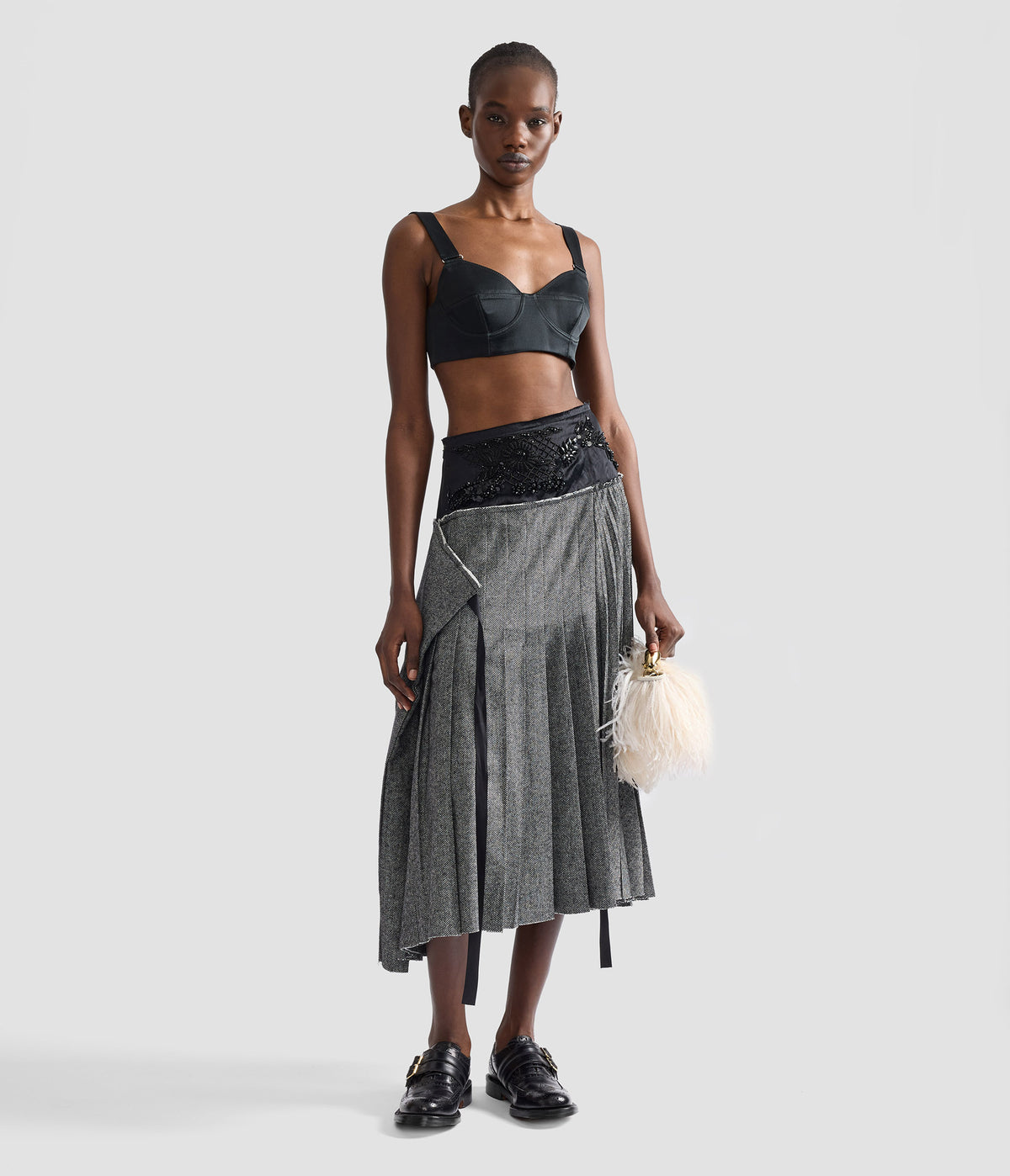 Herringbone A-Line Pleated Midi Skirt