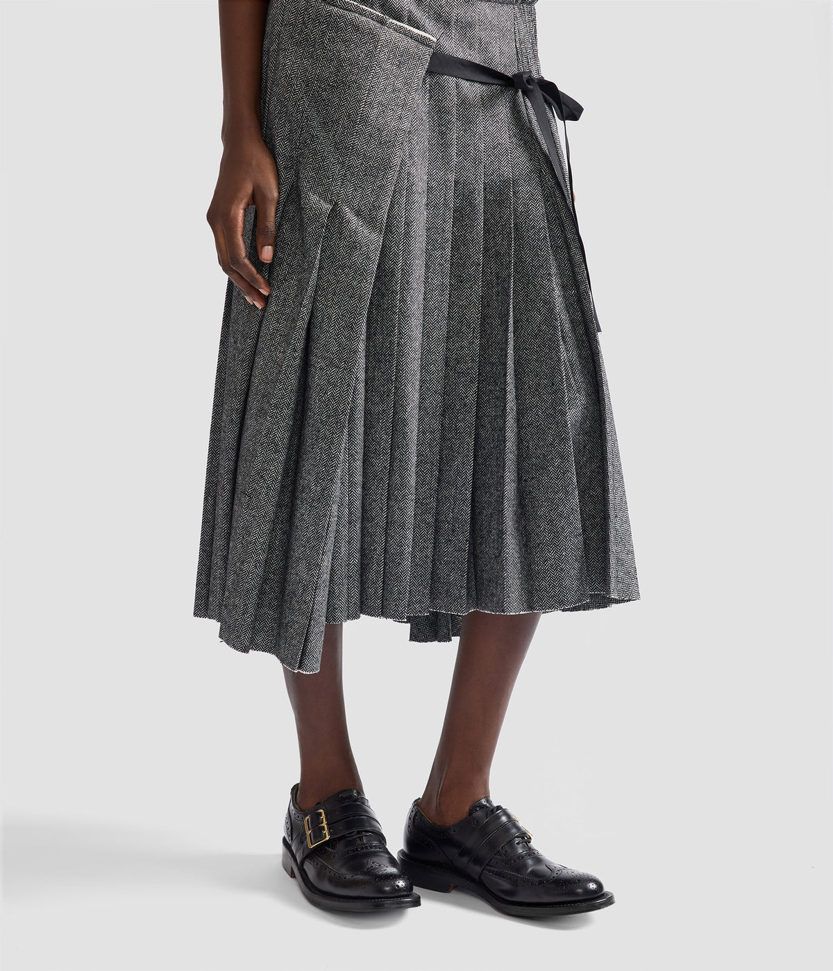 Herringbone A-Line Pleated Midi Skirt