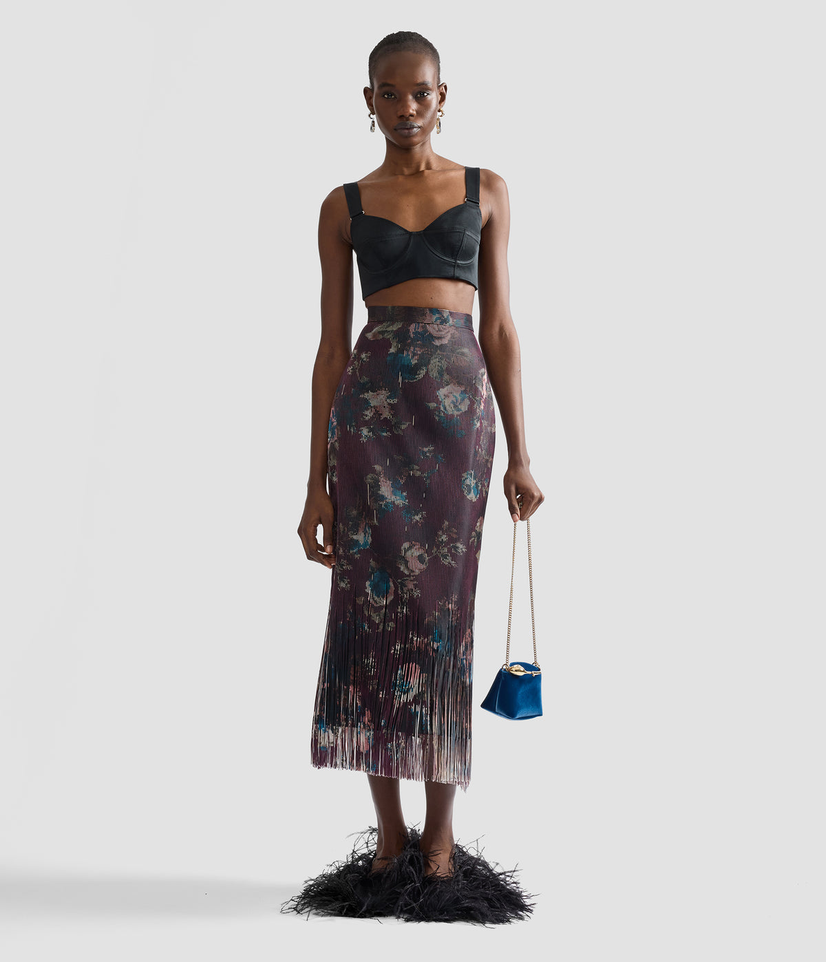 Flora Fringe Jacquard Pencil Midi Skirt