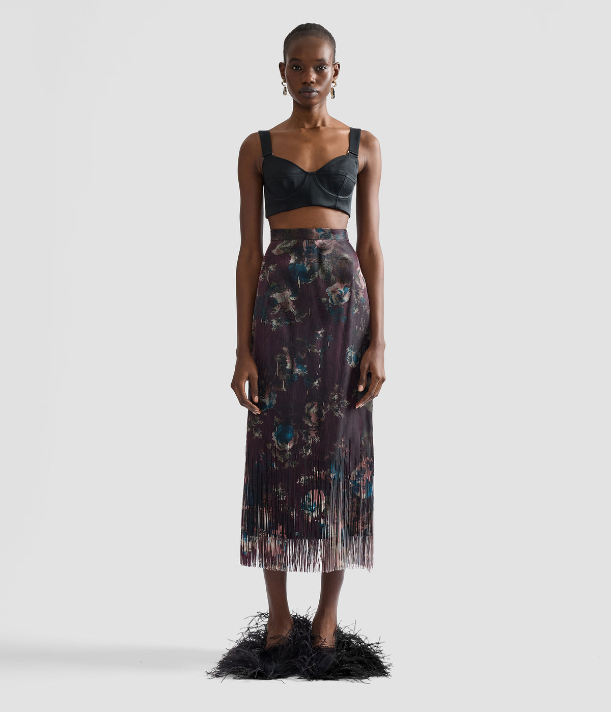 Flora Fringe Jacquard Pencil Midi Skirt