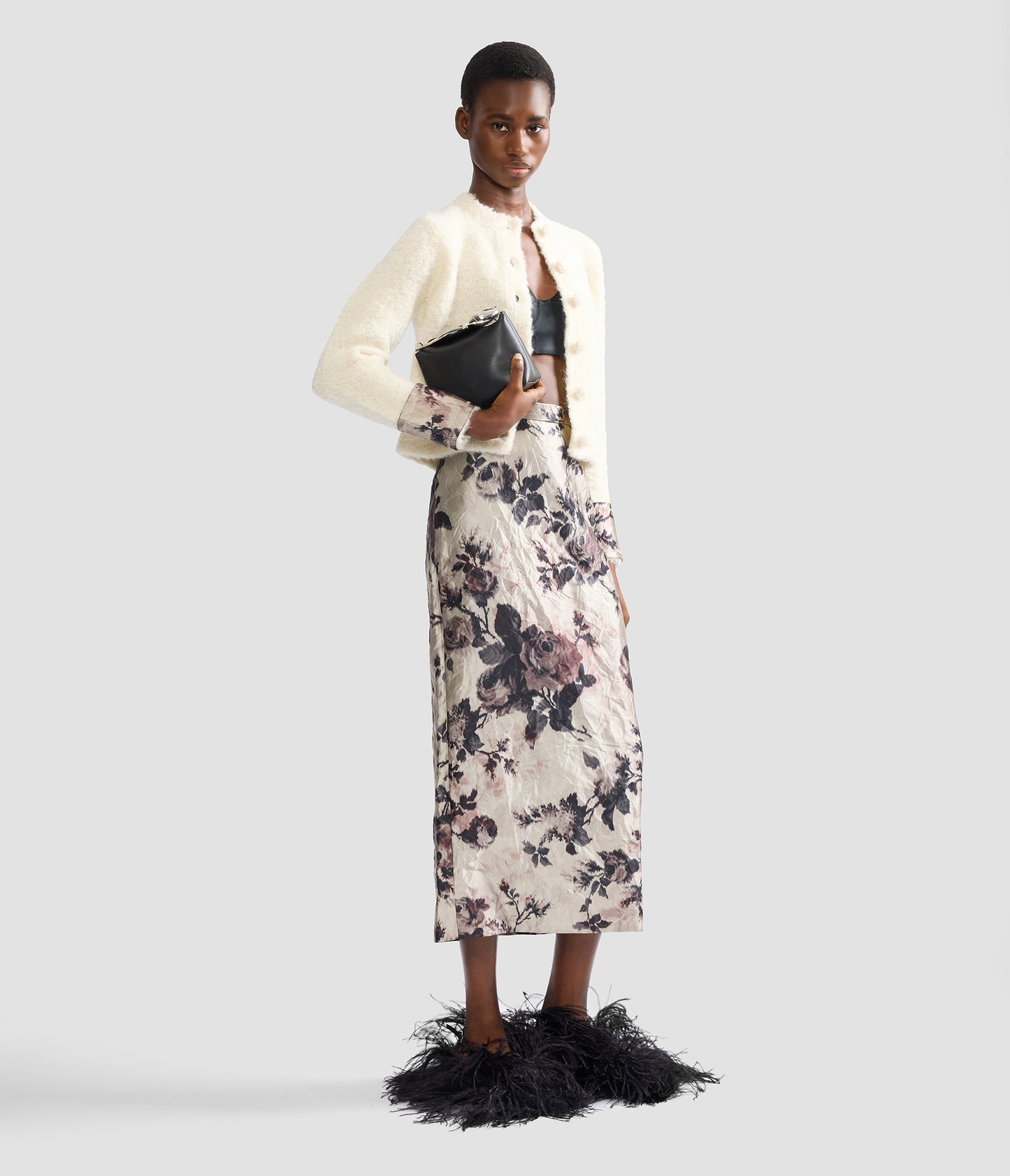Floral Textured Satin Pencil Midi Skirt