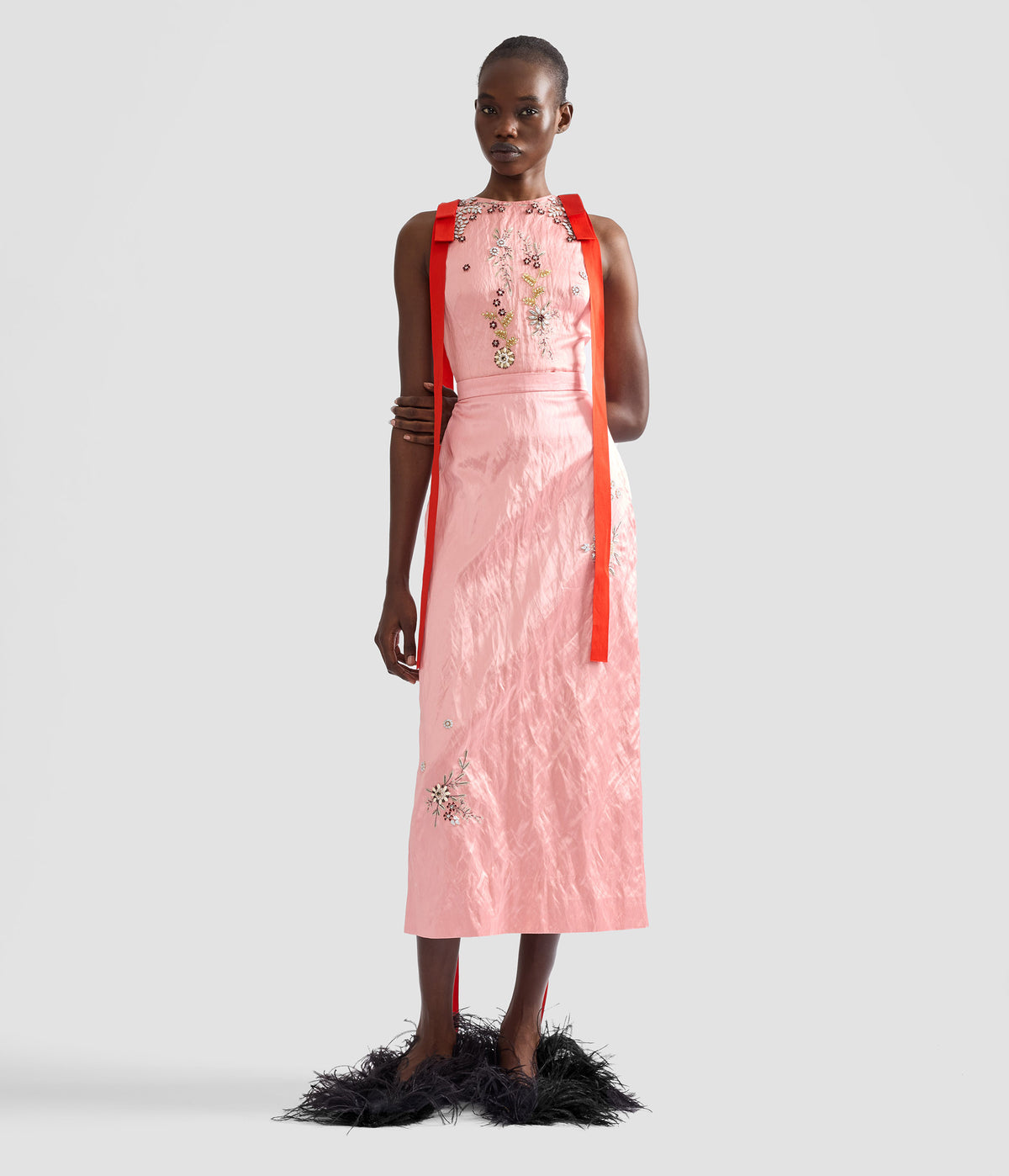 Embroidered Textured Satin Pencil Midi Skirt