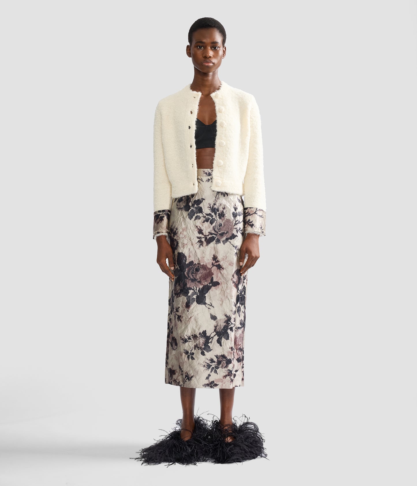 Floral Textured Satin Pencil Midi Skirt
