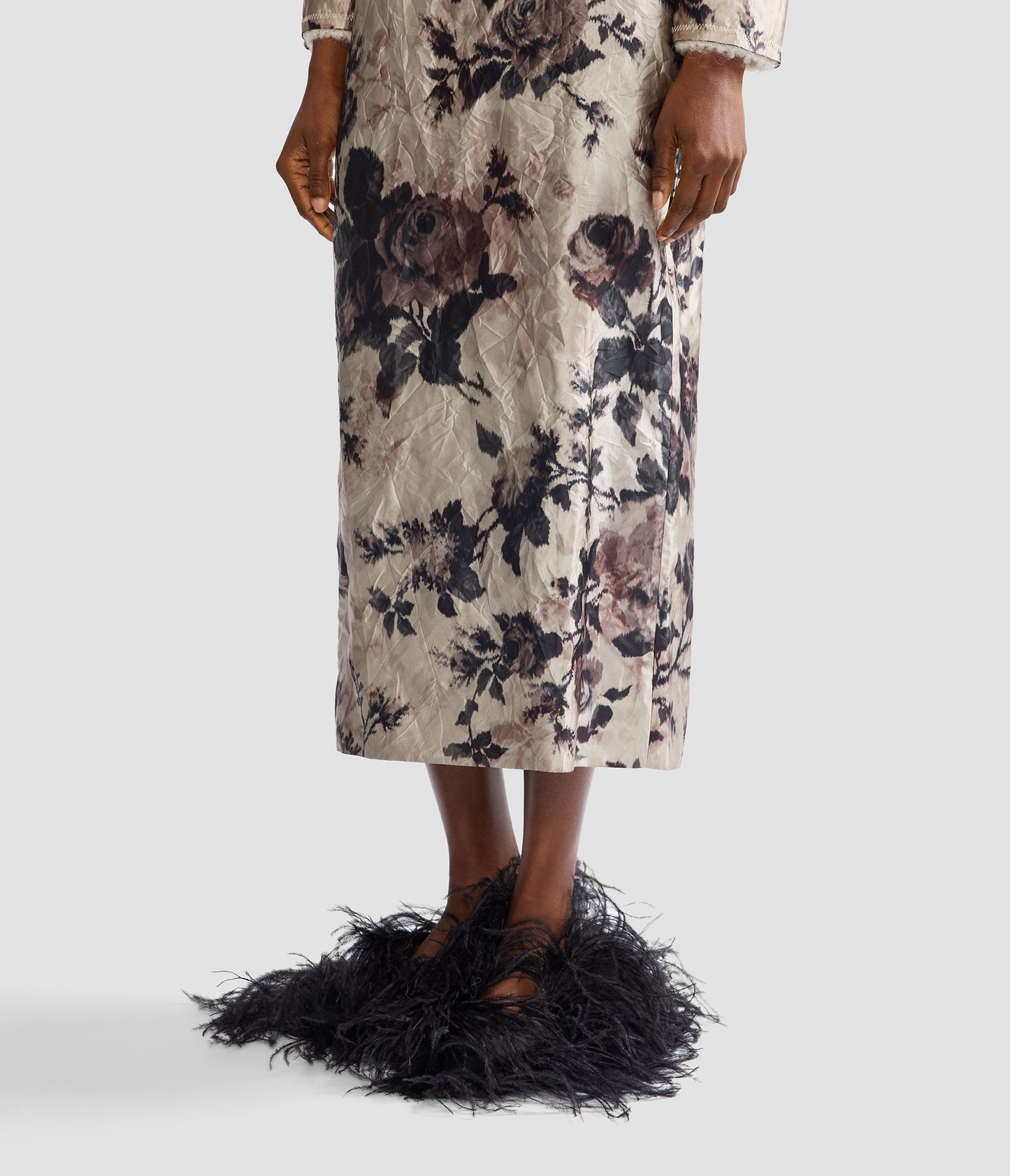 Floral Textured Satin Pencil Midi Skirt