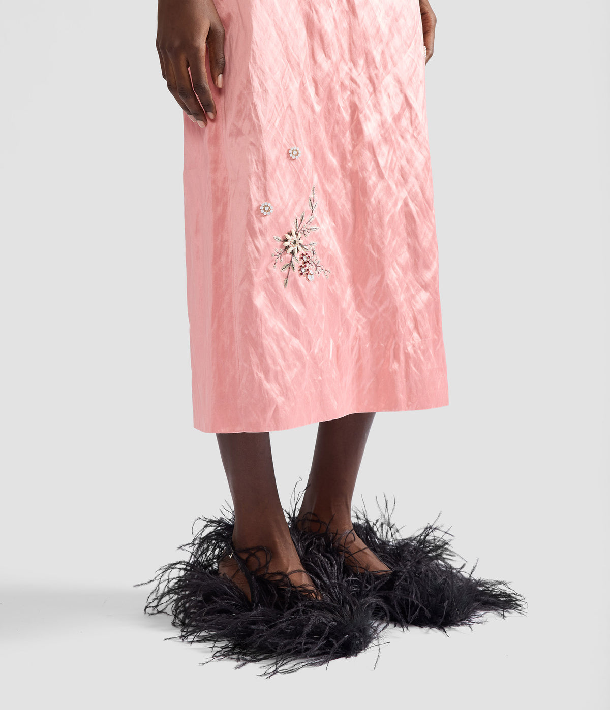 Embroidered Textured Satin Pencil Midi Skirt