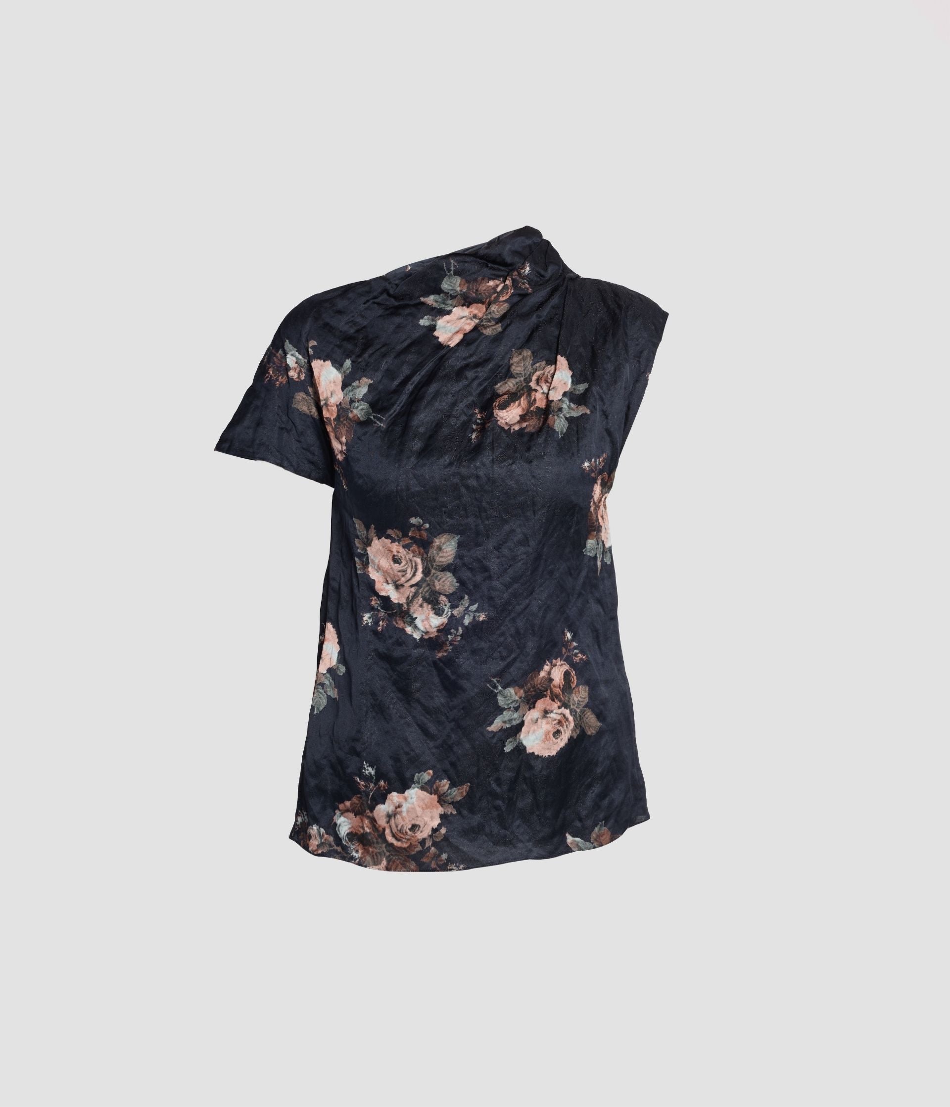 Floral Crushed Satin Short Sleeve Draped Top