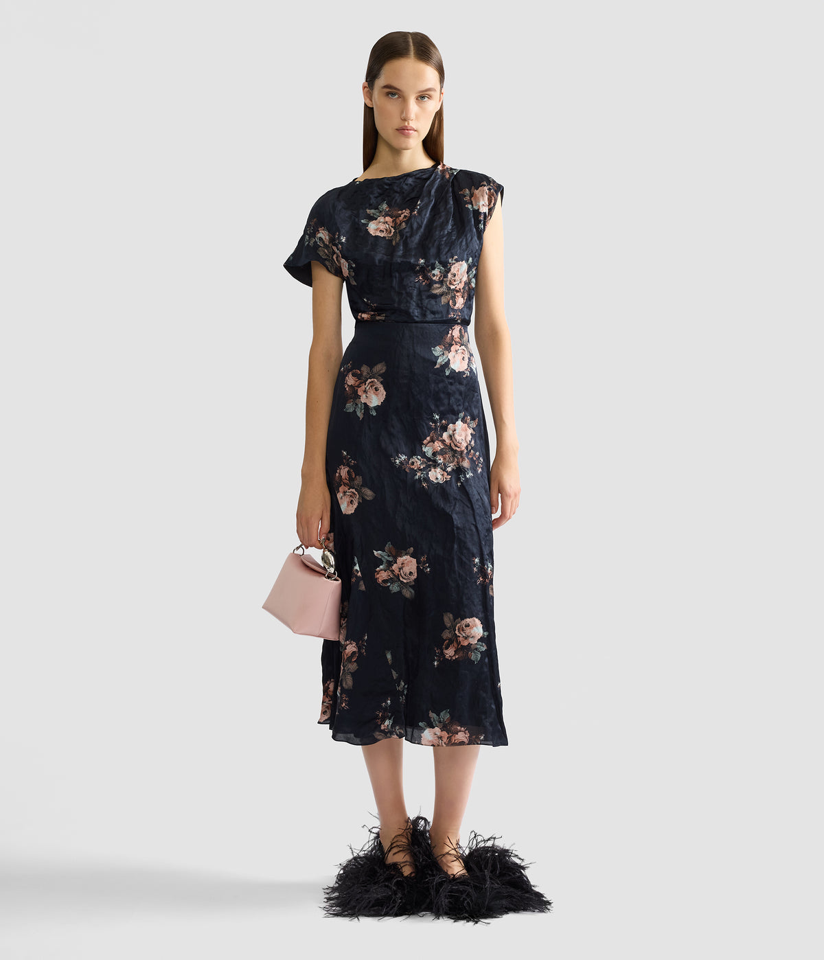 Floral Crushed Satin Short Sleeve Draped Top