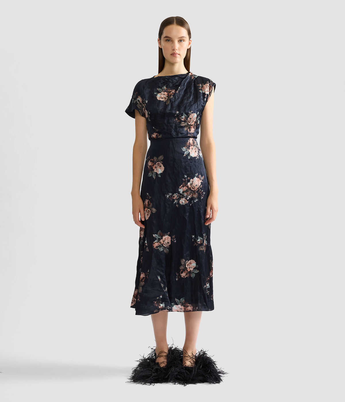 Floral Crushed Satin Short Sleeve Draped Top