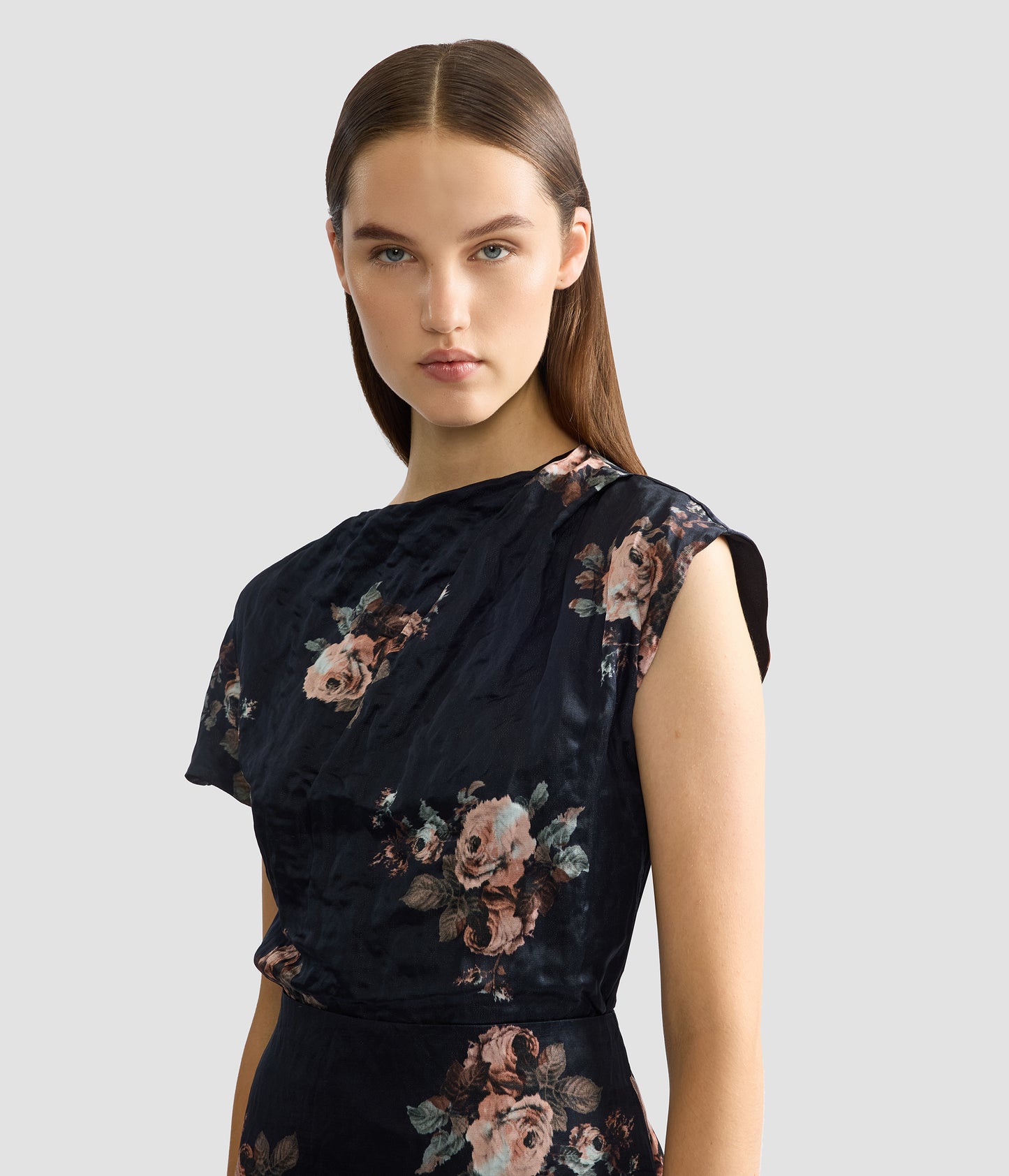 Floral Crushed Satin Short Sleeve Draped Top