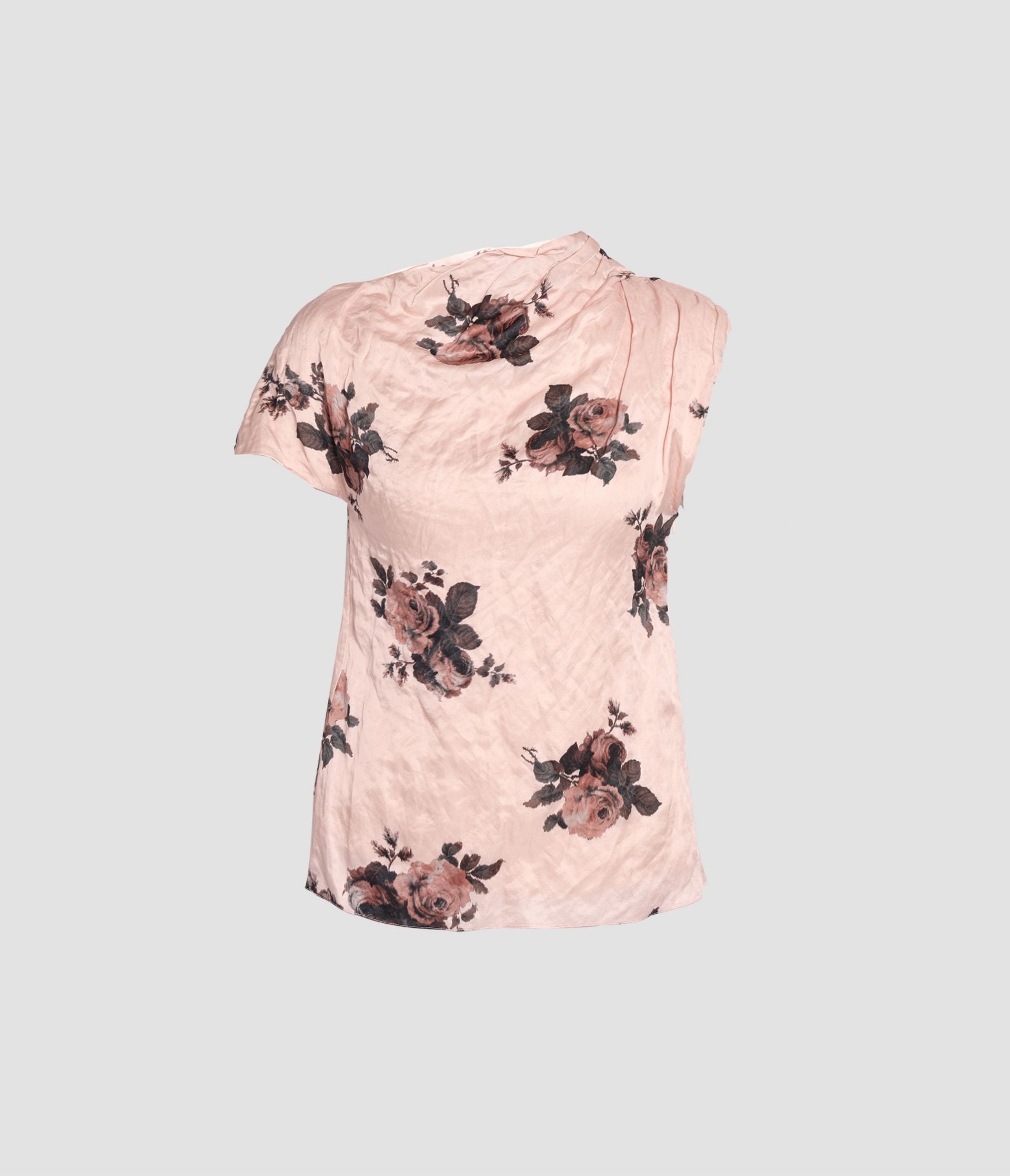 Floral Crushed Satin Short Sleeve Draped Top