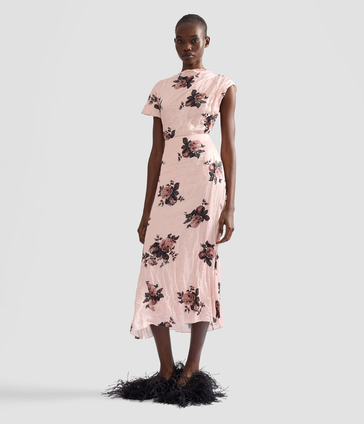 Floral Crushed Satin Short Sleeve Draped Top
