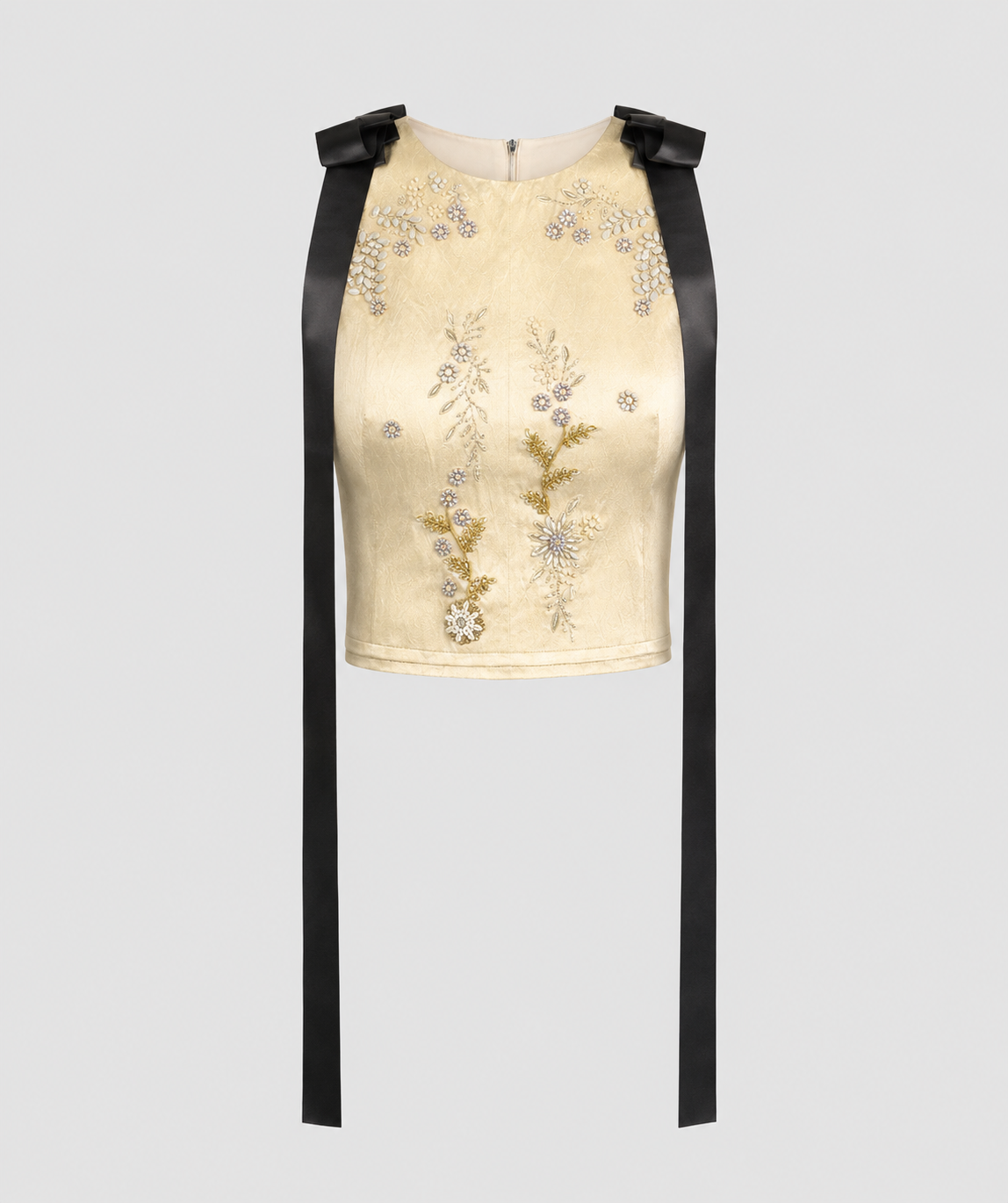 Embroidered Textured Satin Sleeveless Top