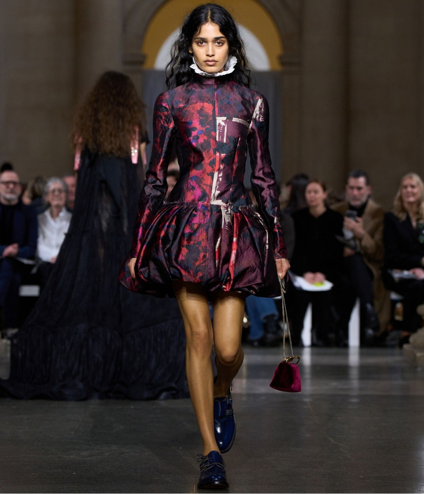 Floral Print Textured Satin Long Sleeve Dress