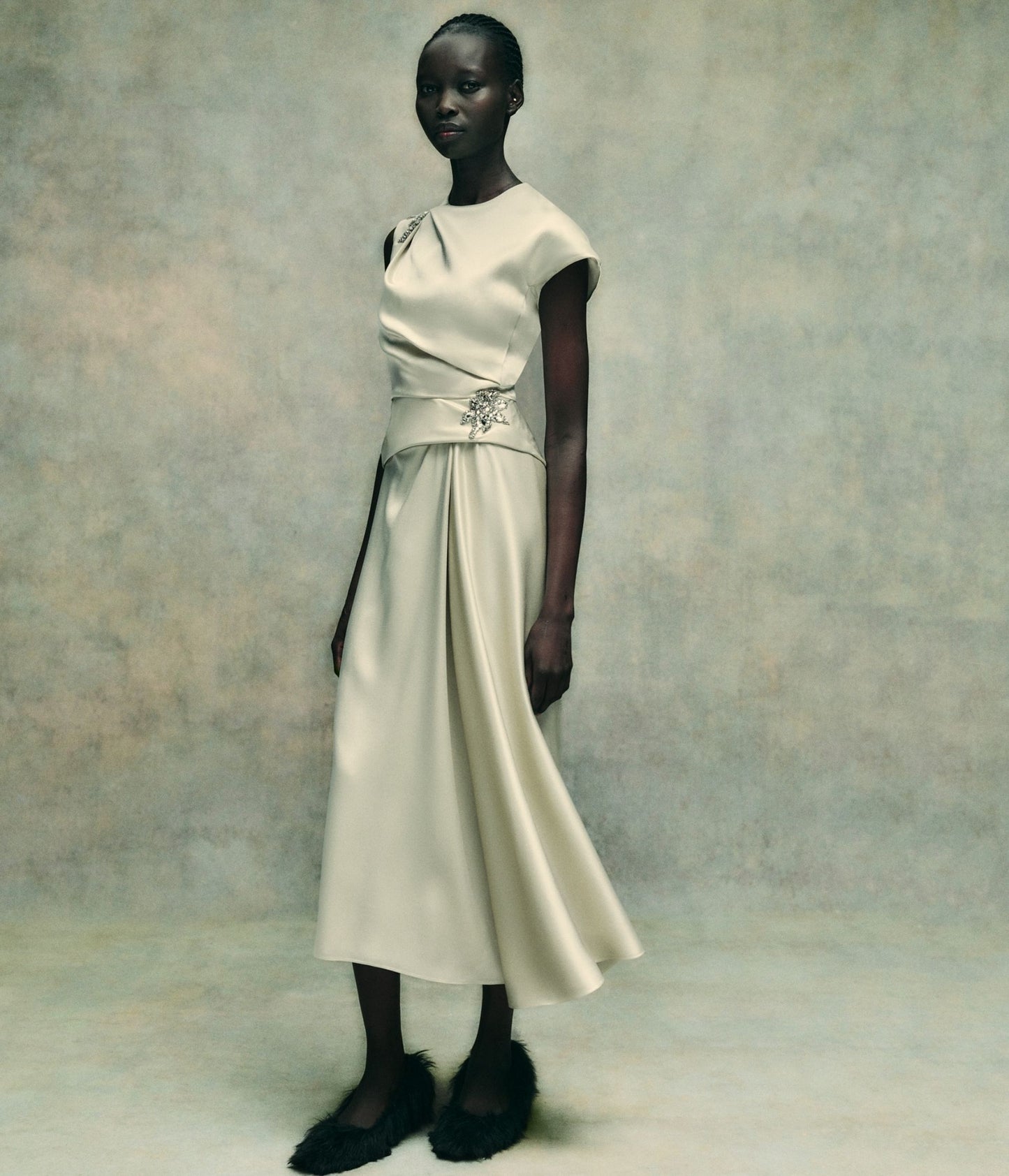 Embellished Satin Cady Draped Midi Dress