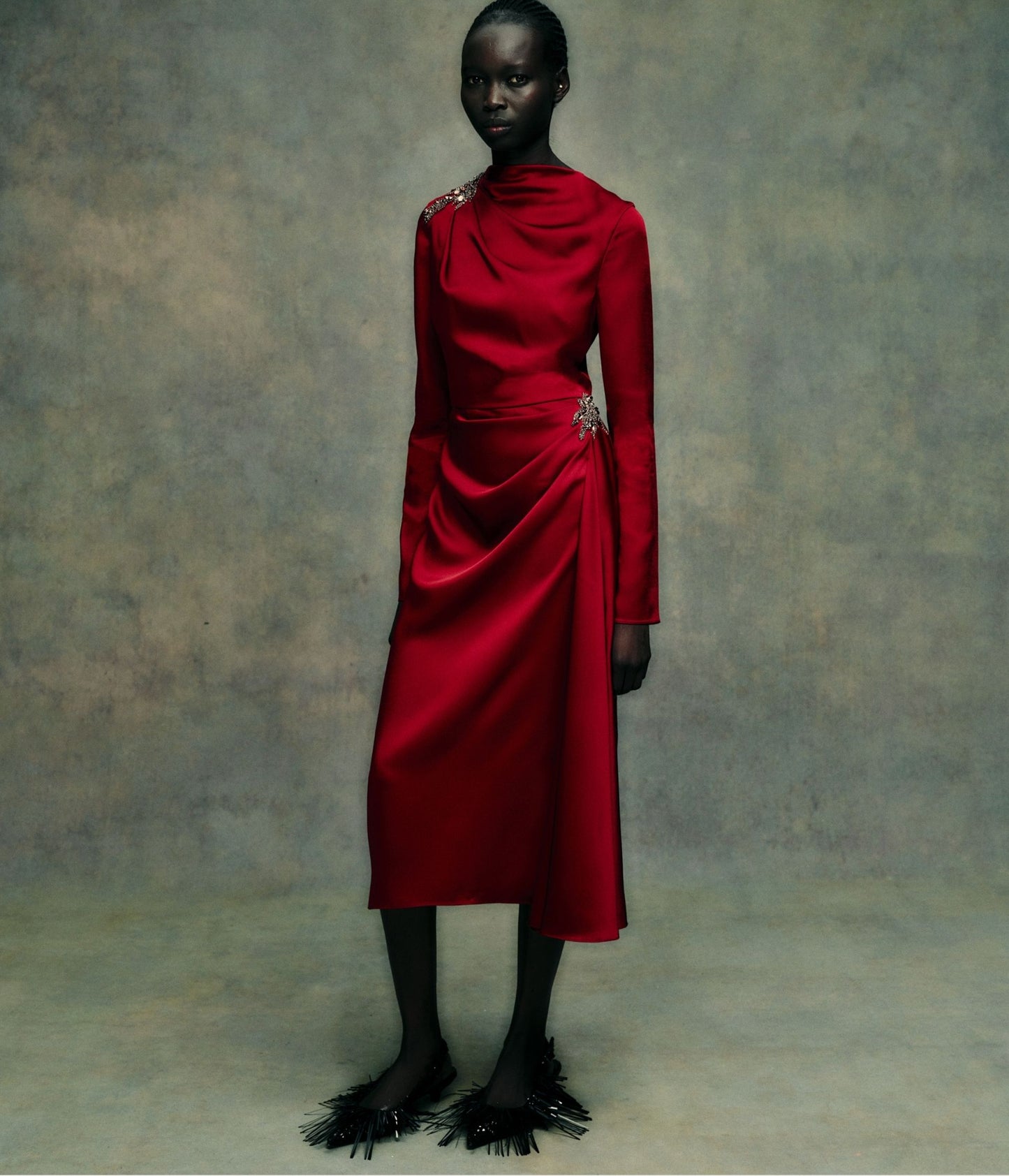 Embellished Satin Cady Midi Dress