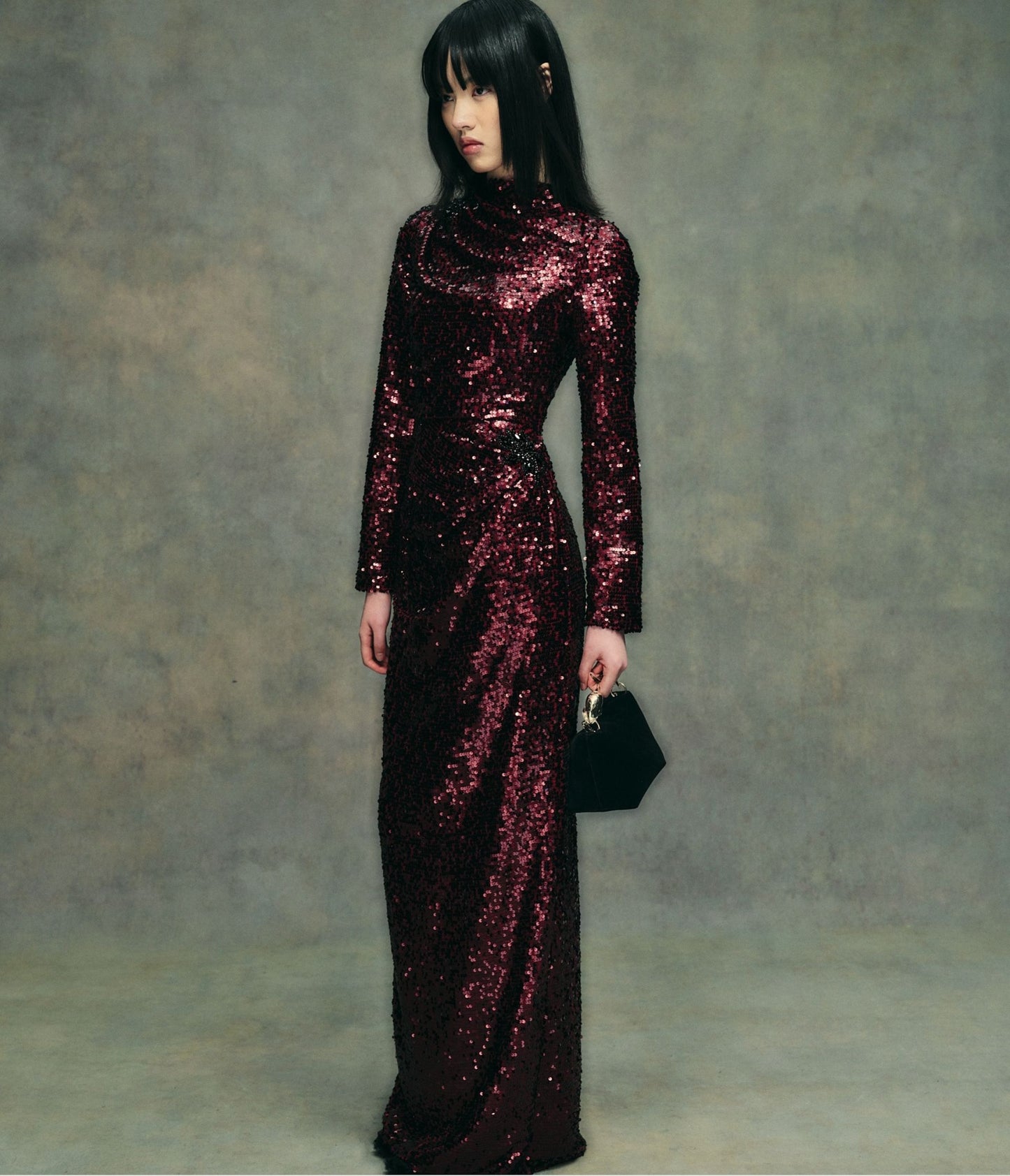 Embellished Sequin Long Sleeve Gown