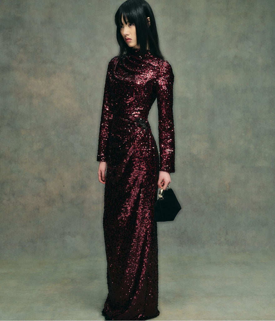 Embellished Sequin Long Sleeve Gown