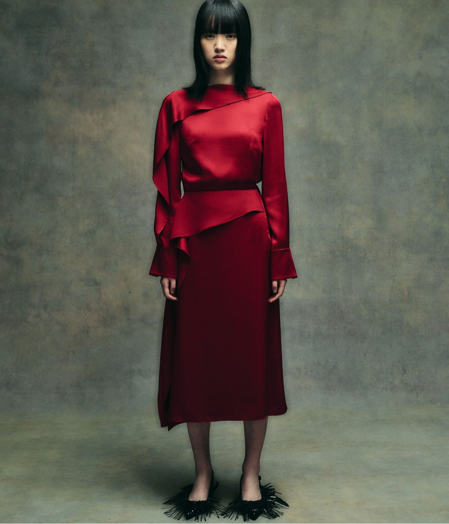 Satin Cady Draped Midi Skirt