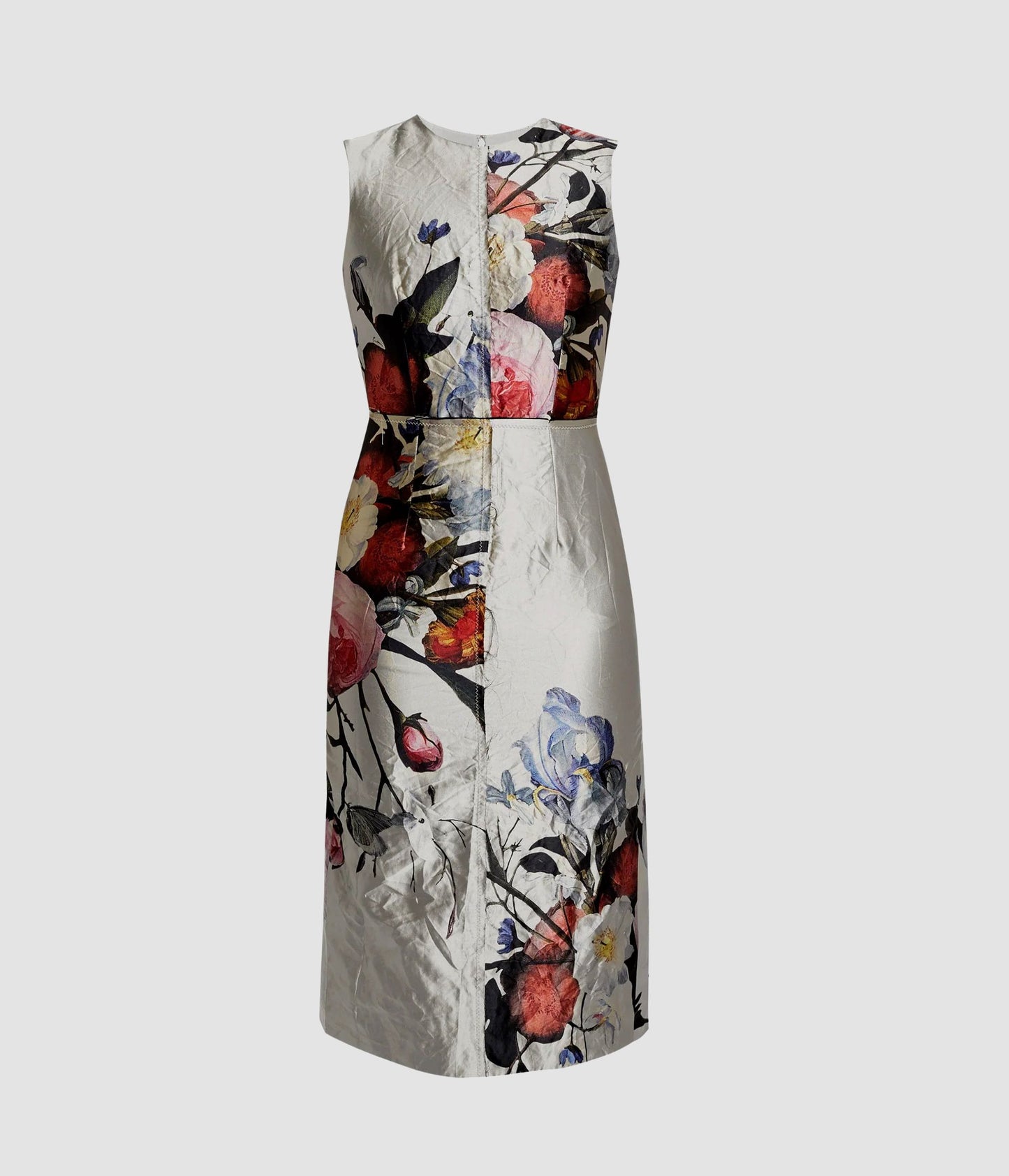 Floral Print Textured Satin Sleeveless Midi Dress