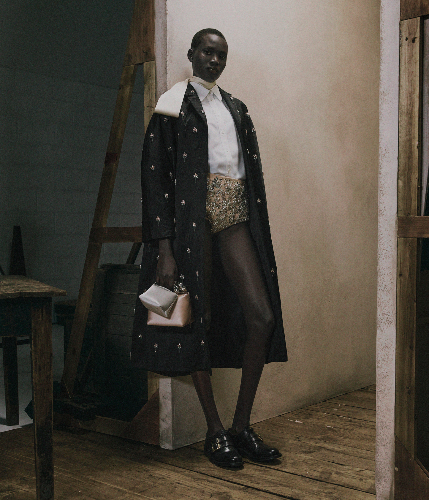 Embroidered Textured Satin Opera Coat