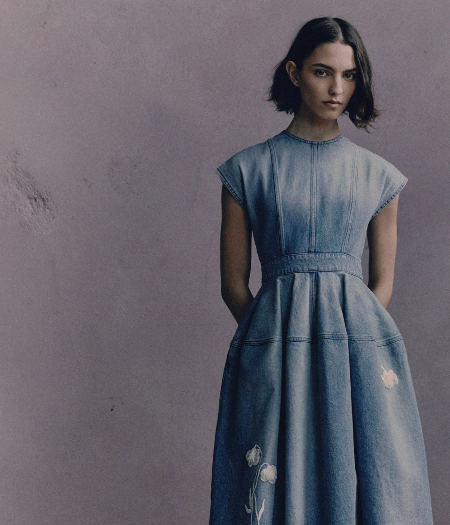 Embroidered Denim Short Sleeve Midi Dress