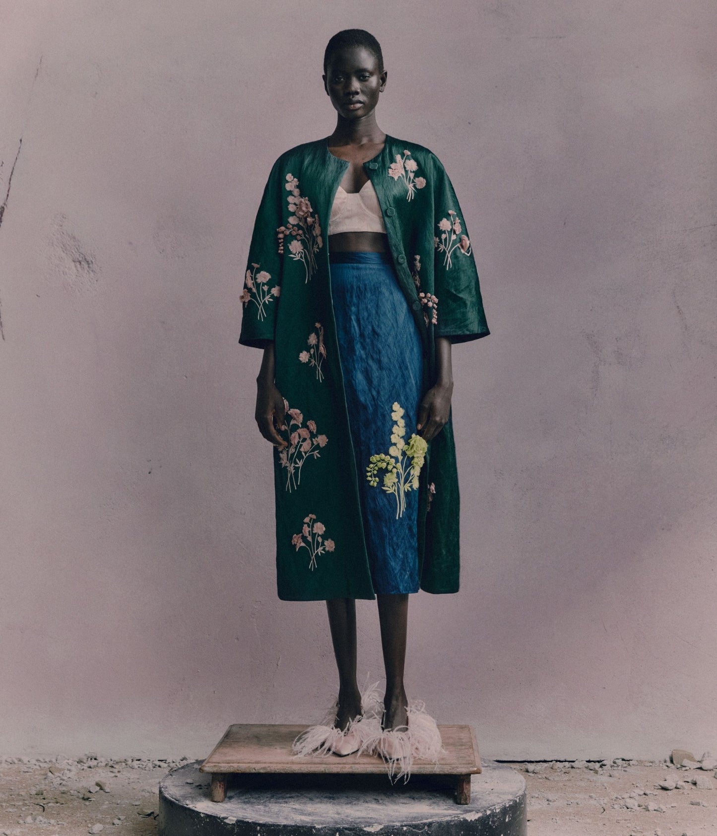 Embroidered Textured Satin Midi Pencil Skirt