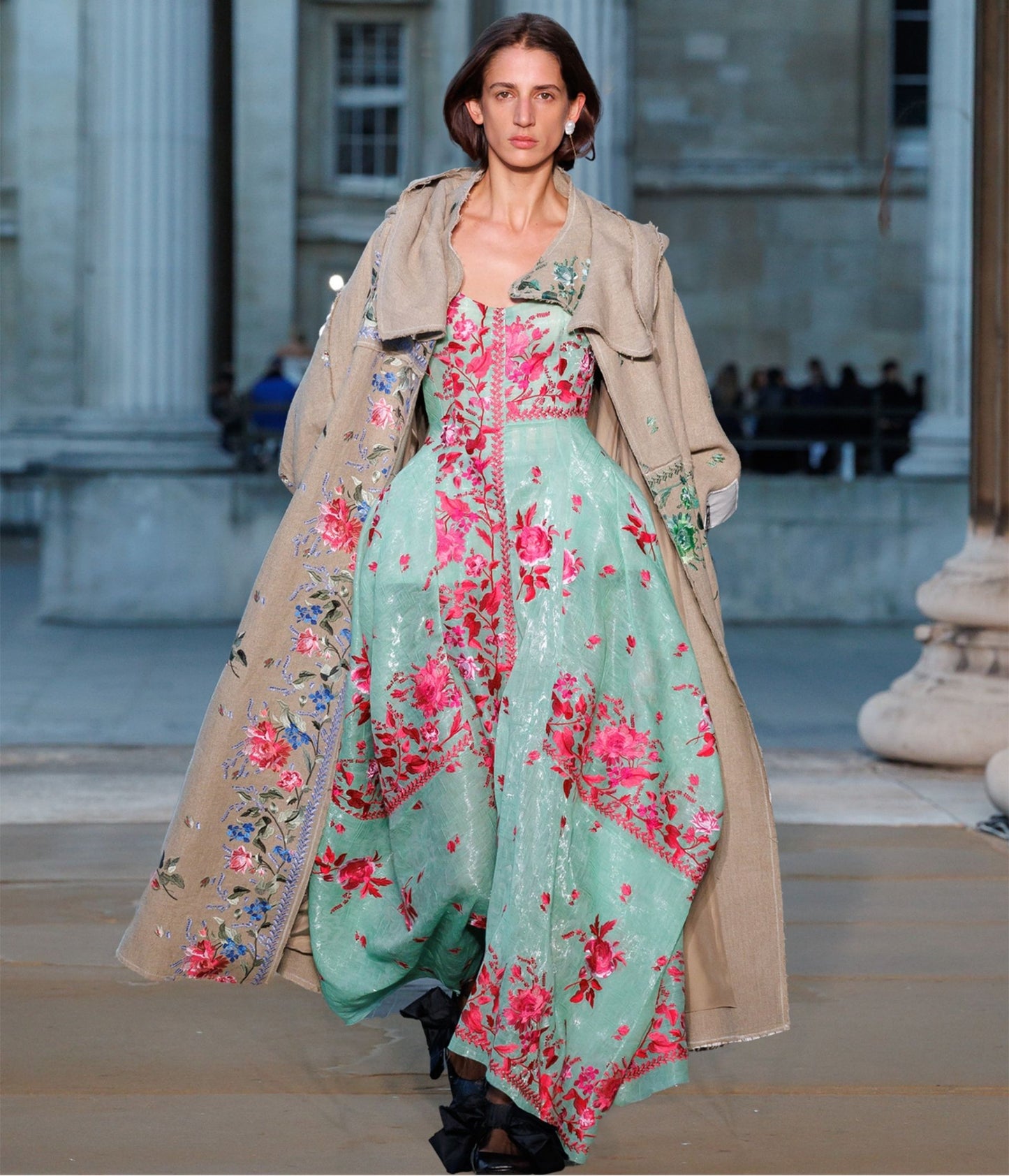 Embroidered Organza Draped Midi Dress