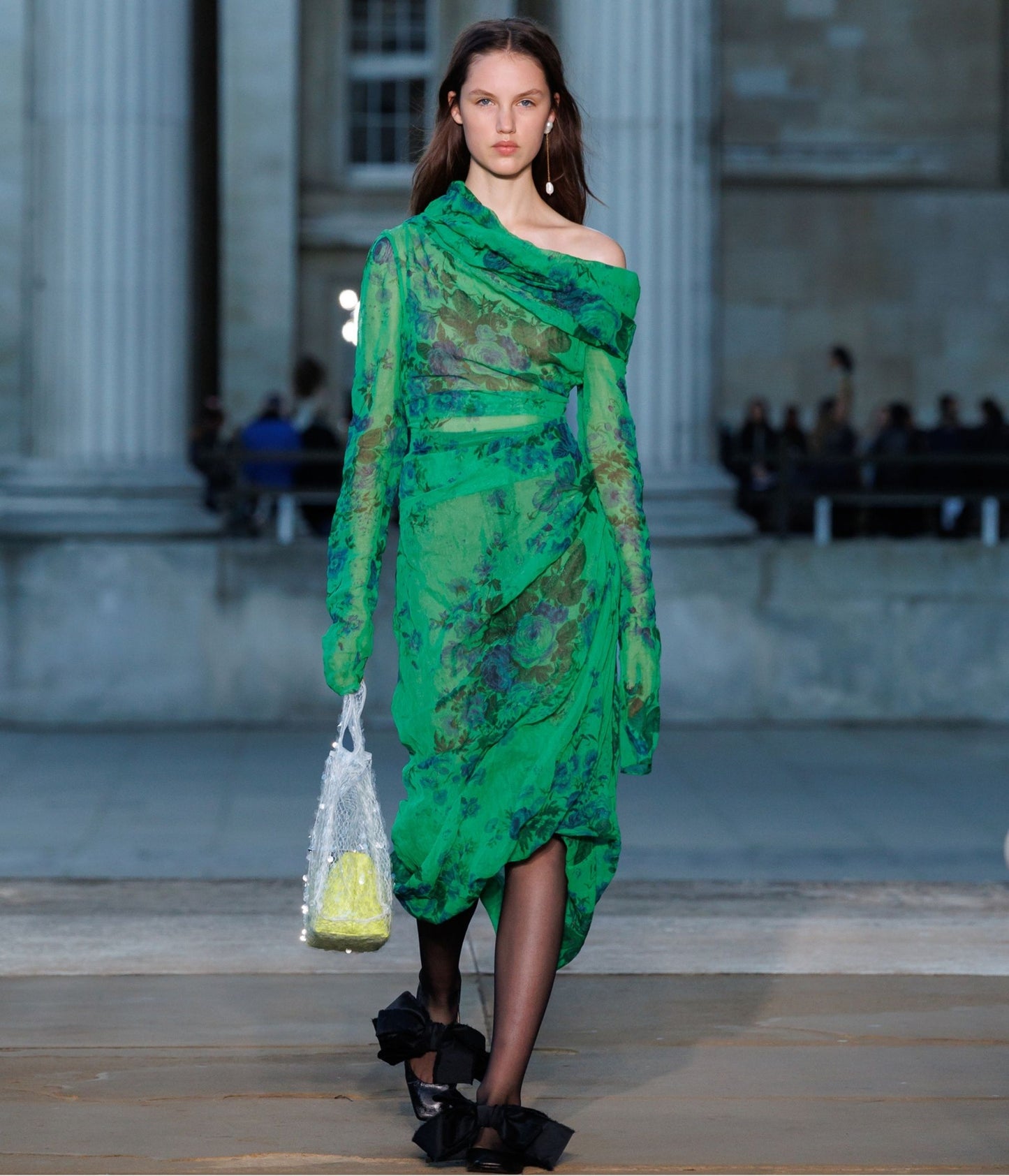 Floral Print Organza Cloque Draped Midi Dress