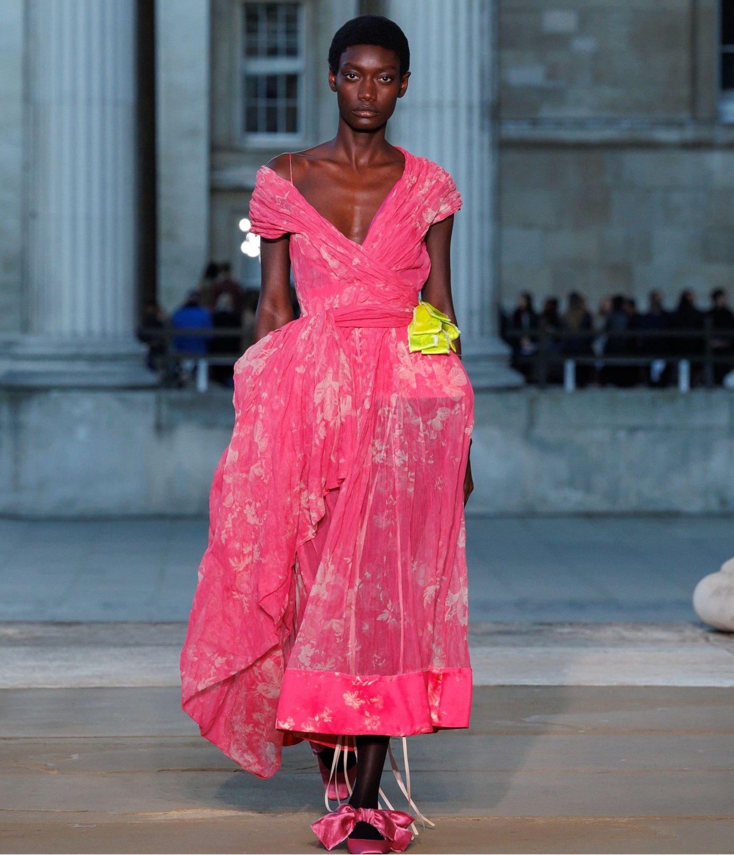 Floral Print Organza Cloque Draped Midi Dress