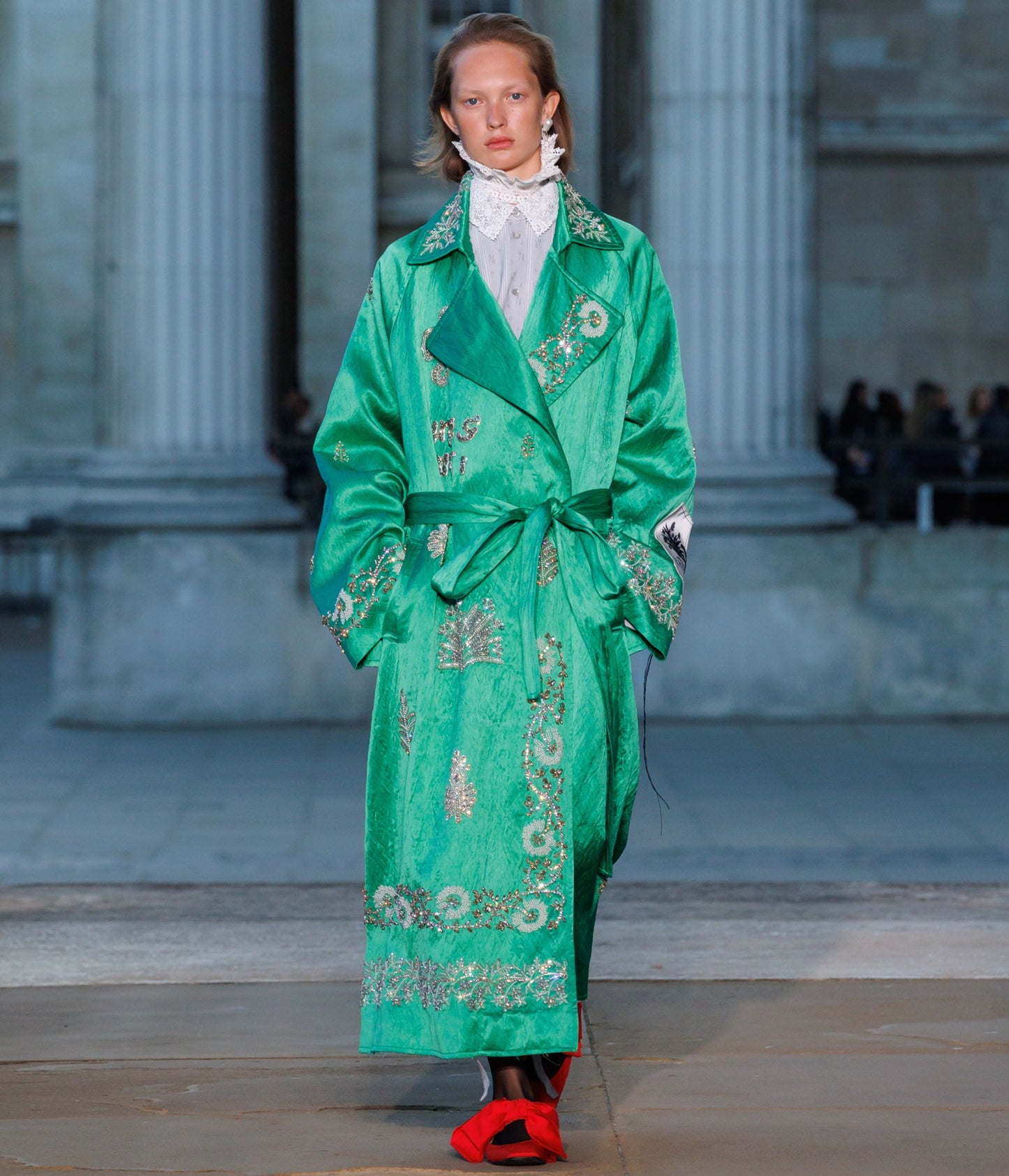 Embellished Textured Satin Trench Coat