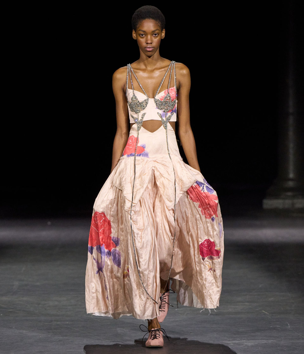 Printed Crushed Fluid Satin Midi Dress