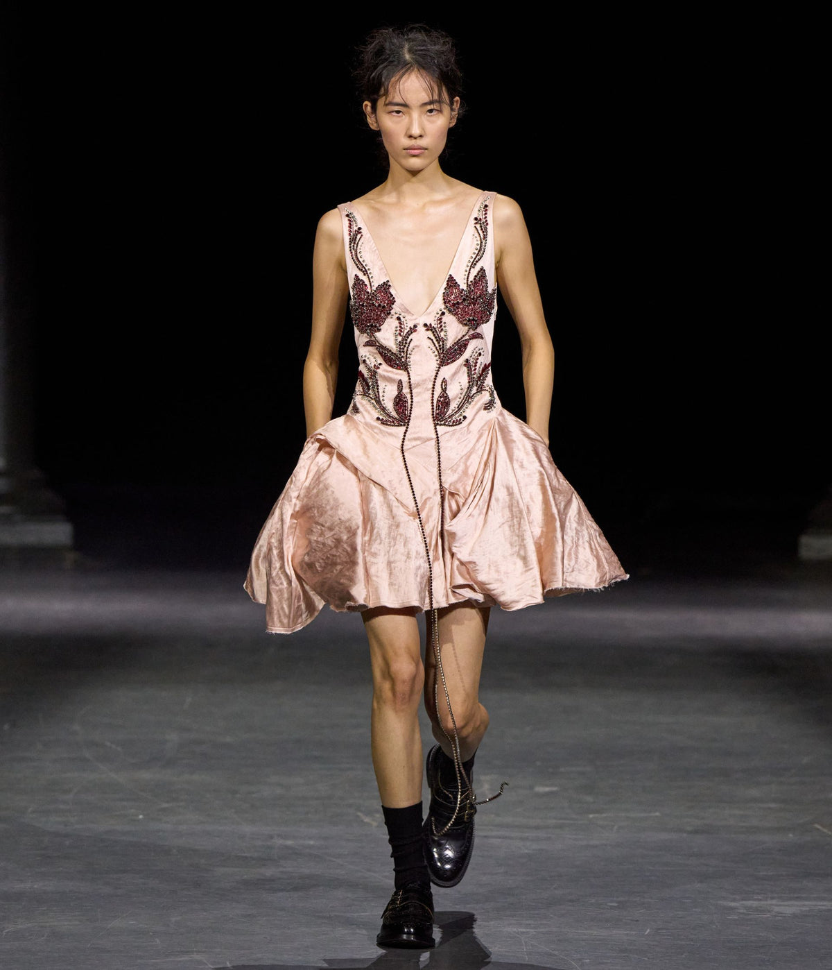 Embroidered Textured Satin Sleeveless Mini Dress