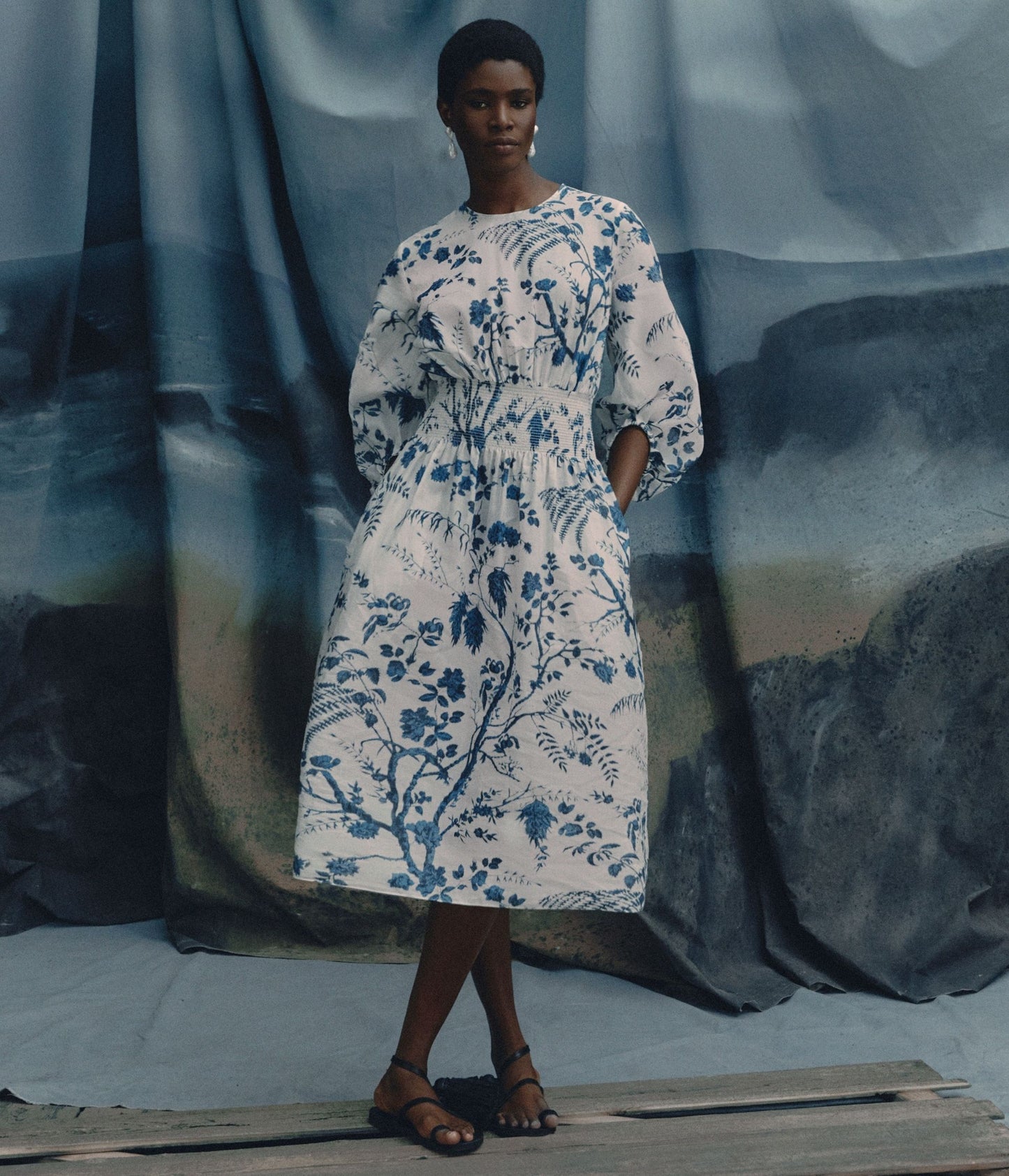 Botanical Print Cotton Linen Midi Dress