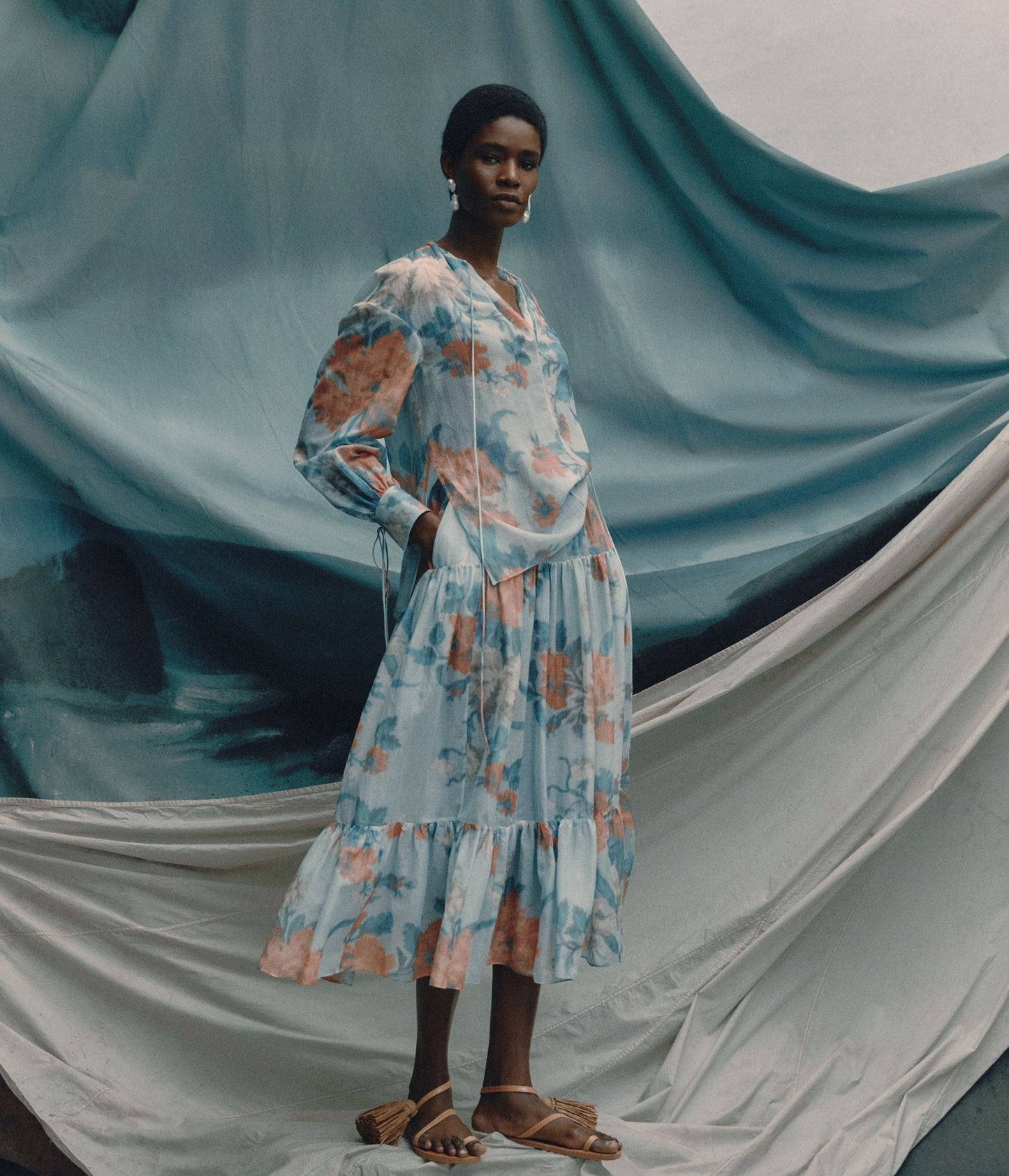 Floral Print Cotton Silk Voile Tiered Full Midi Skirt