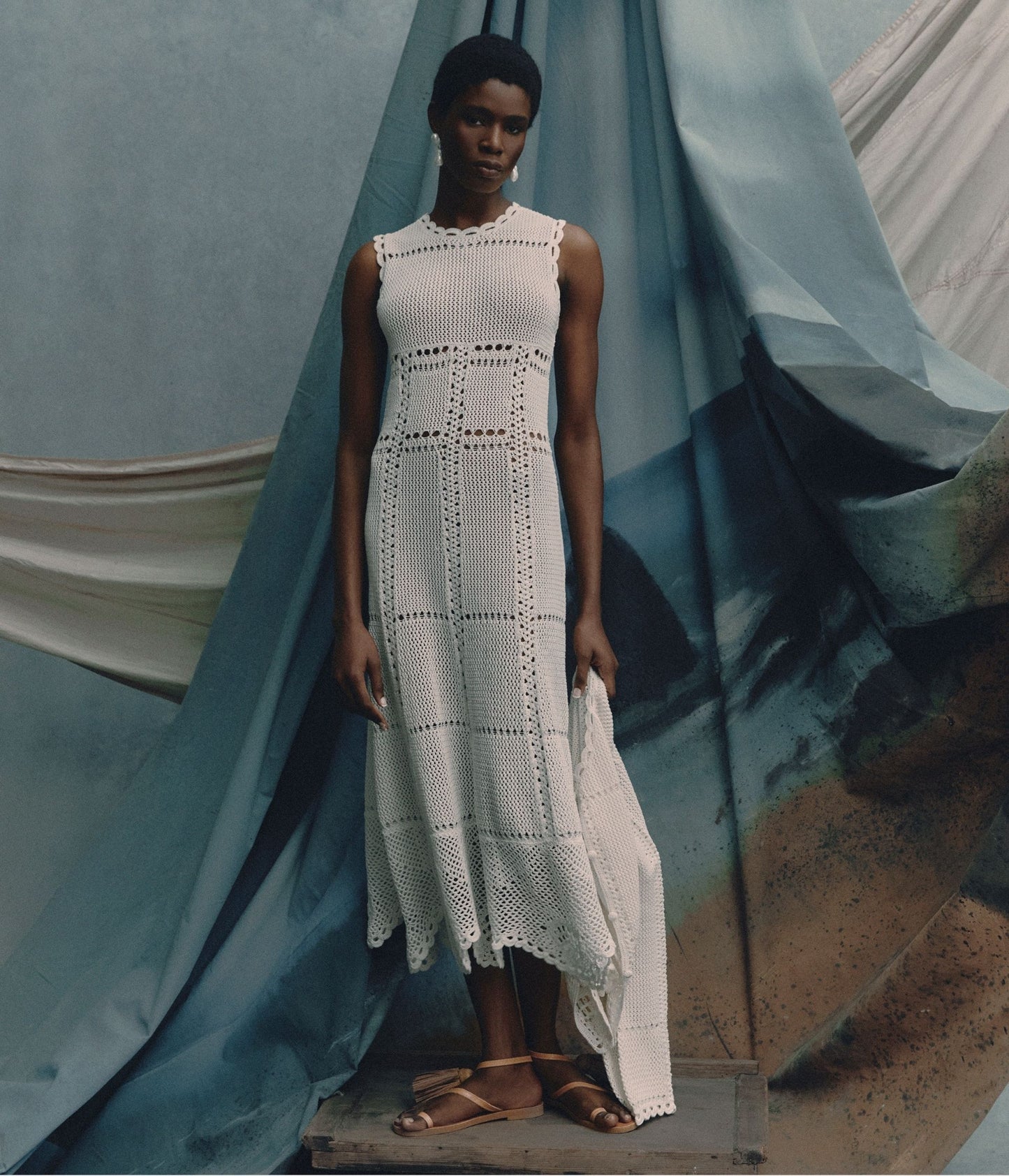 Cotton Crochet Flared Midi Dress